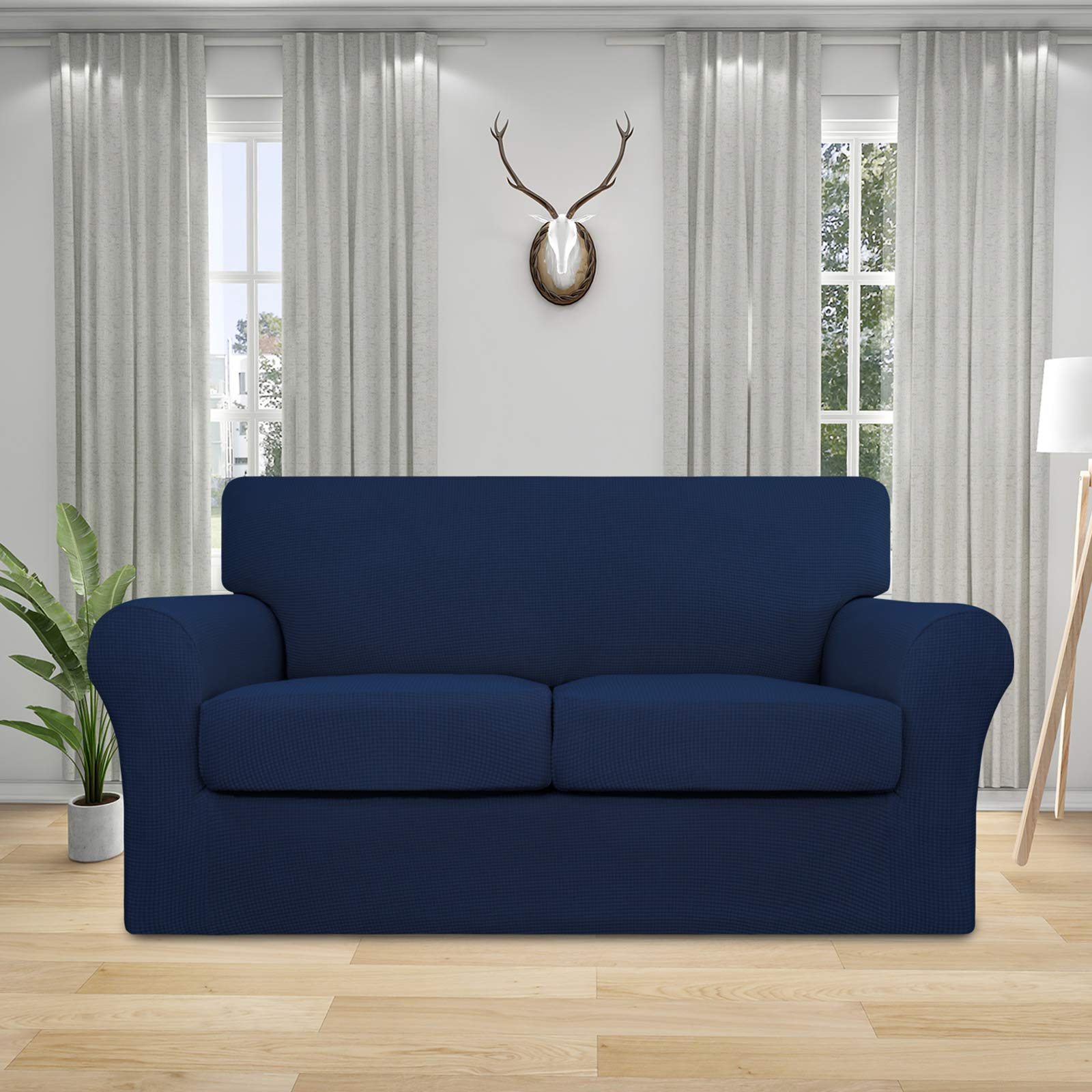 Easy-Going 3 Pieces Stretch Couch Cover Sofa Cover For Dogs Washable Sofa Slipcover For 2 Separate Cushion Couch Spandex Jacquard Fabric Elastic Furniture Protector For Pets, Kids (Navy, Loveseat)