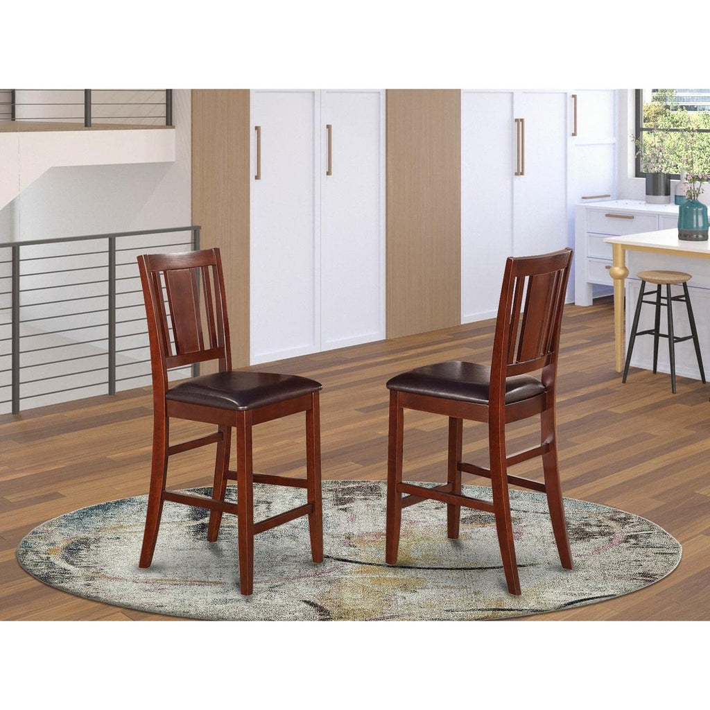East West Furniture BUS-MAH-LC Buckland Counter Height Kitchen Stools - Faux Leather Upholstered Wood Chairs, Set of 2, Mahogany