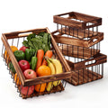 Fiwochic 4 Pack Metal Wire Storage Basket, Multiple Sizes Basket with Handles Wooden Top and Bottom Containers Organizer Rustic 