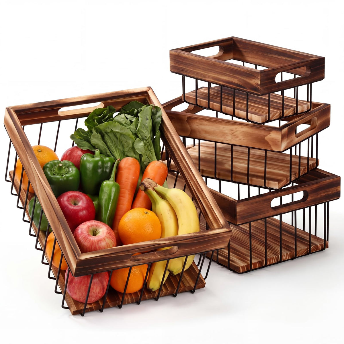 Fiwochic 4 Pack Metal Wire Storage Basket, Multiple Sizes Basket with Handles Wooden Top and Bottom Containers Organizer Rustic 