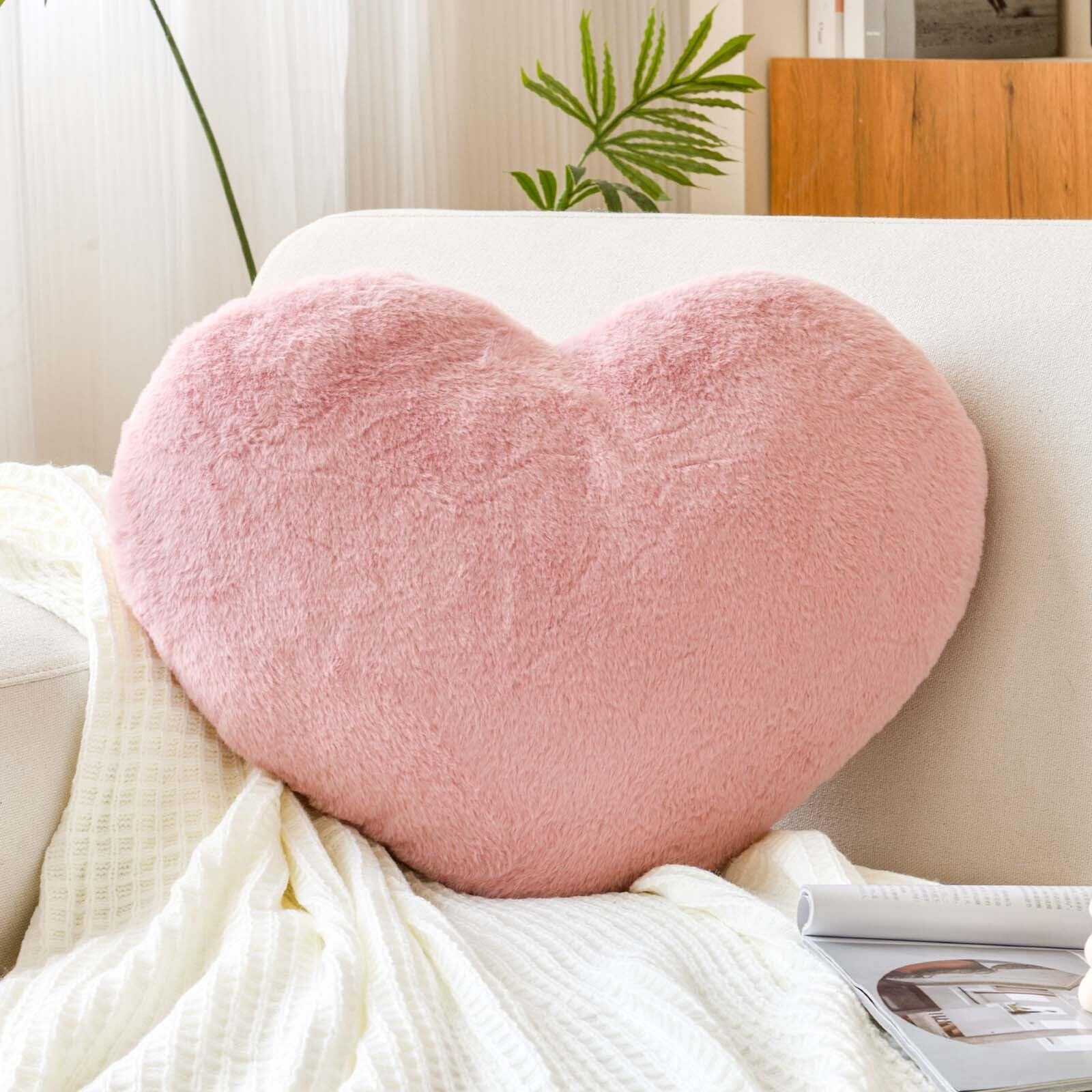 Xvtru Dusty Pink Heart Pillows, Cute Heart Decorative Pillow, Heart Shaped Throw Pillows For Bed, Faux Rabbit Fur Plush Hoom Dec