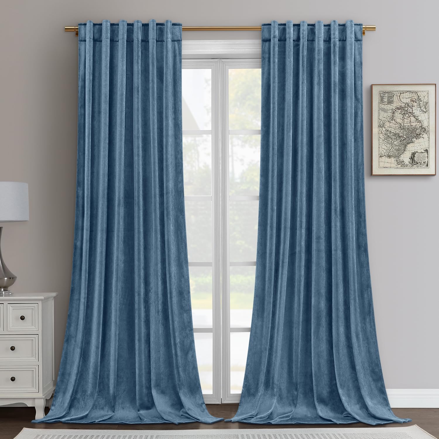 Homeideas Stone Blue Velvet Curtains 52 X 96 Inches, 2 Panels Light Blue Room Darkening Curtains/Drapes, Thermal Insulated Pocke