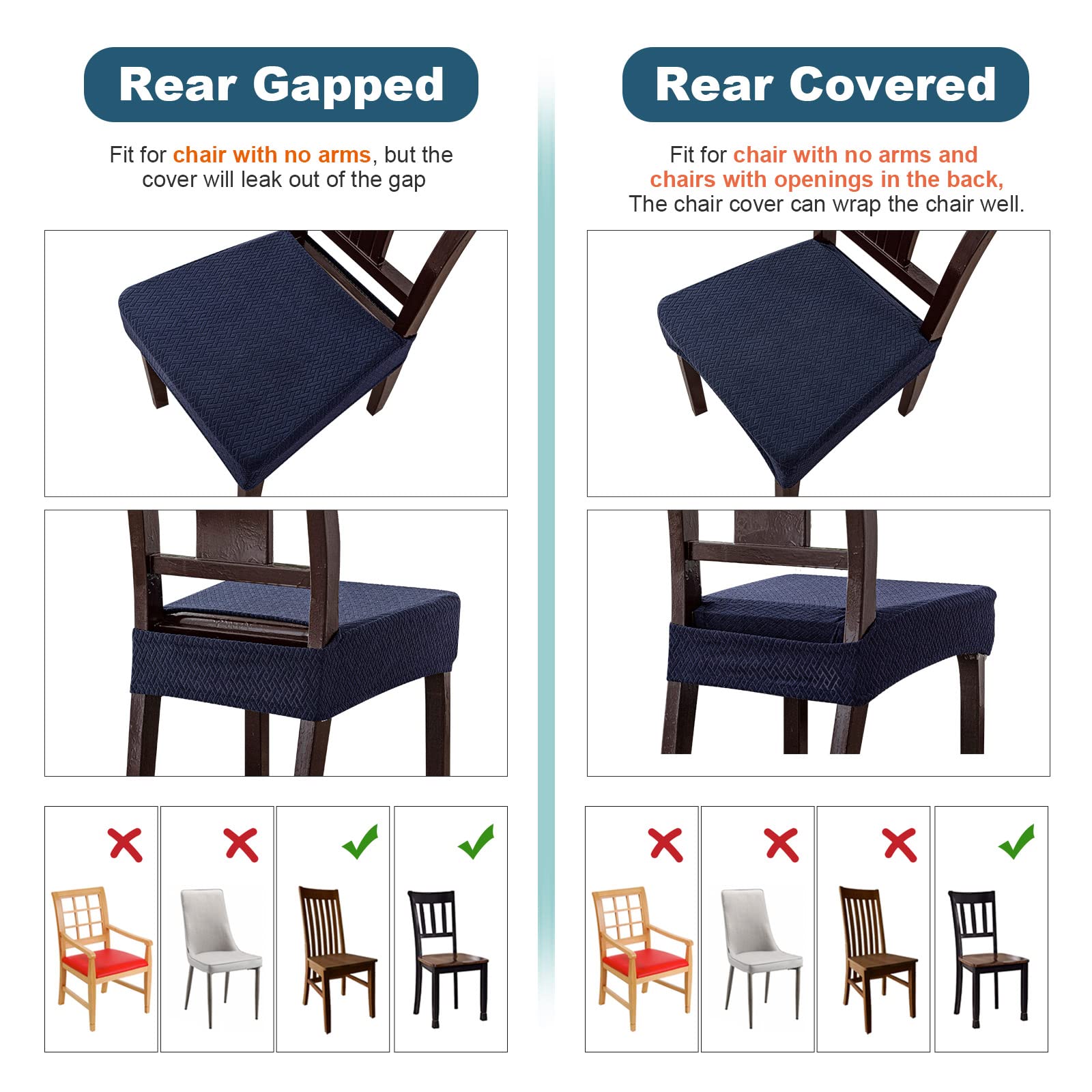 Genina Waterproof Seat Covers For Dining Room Chair Covers Waterproof Dining Chair Covers (6 Pcs-Rear-Covered, Navy Blue)