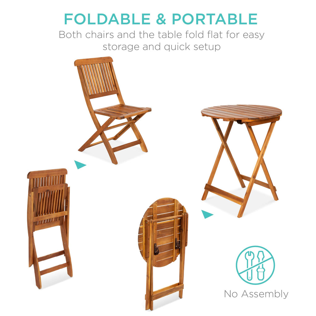 Best Choice Products 3-Piece Acacia Wood Bistro Set, Folding Patio Furniture For Backyard, Balcony, Deck W/ 2 Chairs, Round Coffee Table, Teak Finish - Natural