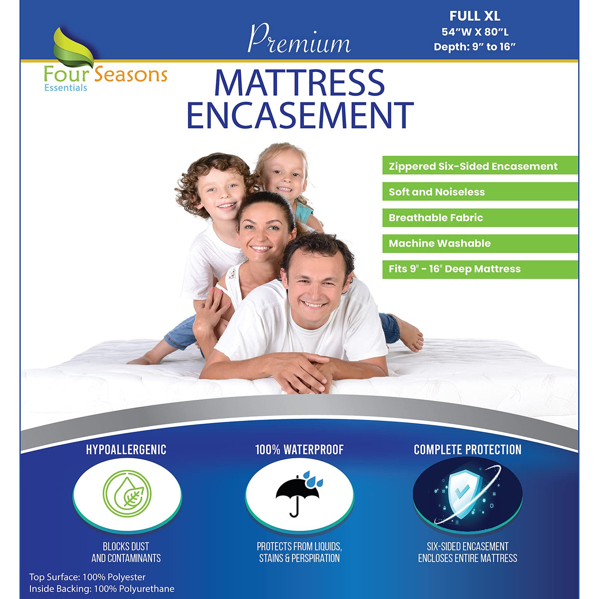 Full Extra Long (Xl) Mattress Protector Zippered Waterproof Encasement Hypoallergenic Premium Quality Cover Protects Against Dus