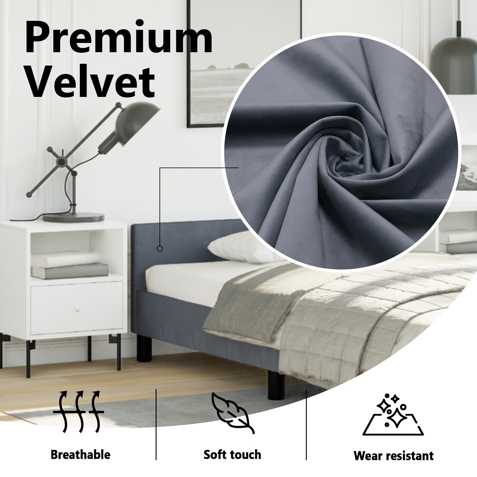 vidaXL Velvet Bed Frame Platform Bed, Scandinavian Style/Slats Support/No Box Spring Needed/Without Mattress/Easy Assembly, Dark Grey Twin XL Bed