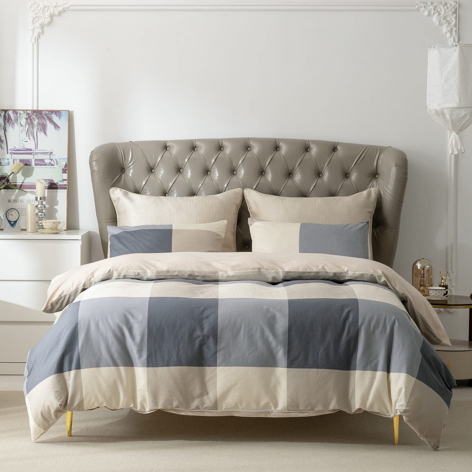 Erzrga Buffalo Plaid Duvet Cover King, 100% Cotton Grey Plaid Bedding King, 3 Pieces Grid Duvet Set For All Seasons, 1 Duvet Cov
