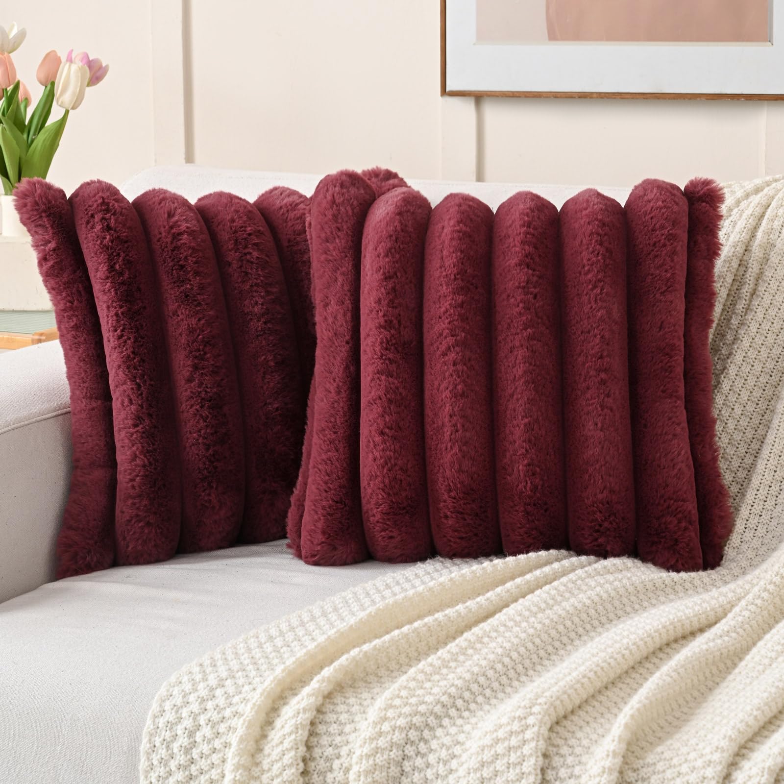 Futei Burgundy Decorative Throw Pillow Covers 20X20 Inch Set Of 2, Square Soft Faux Rabbit Fur Big Striped Cushion Cover,Home De