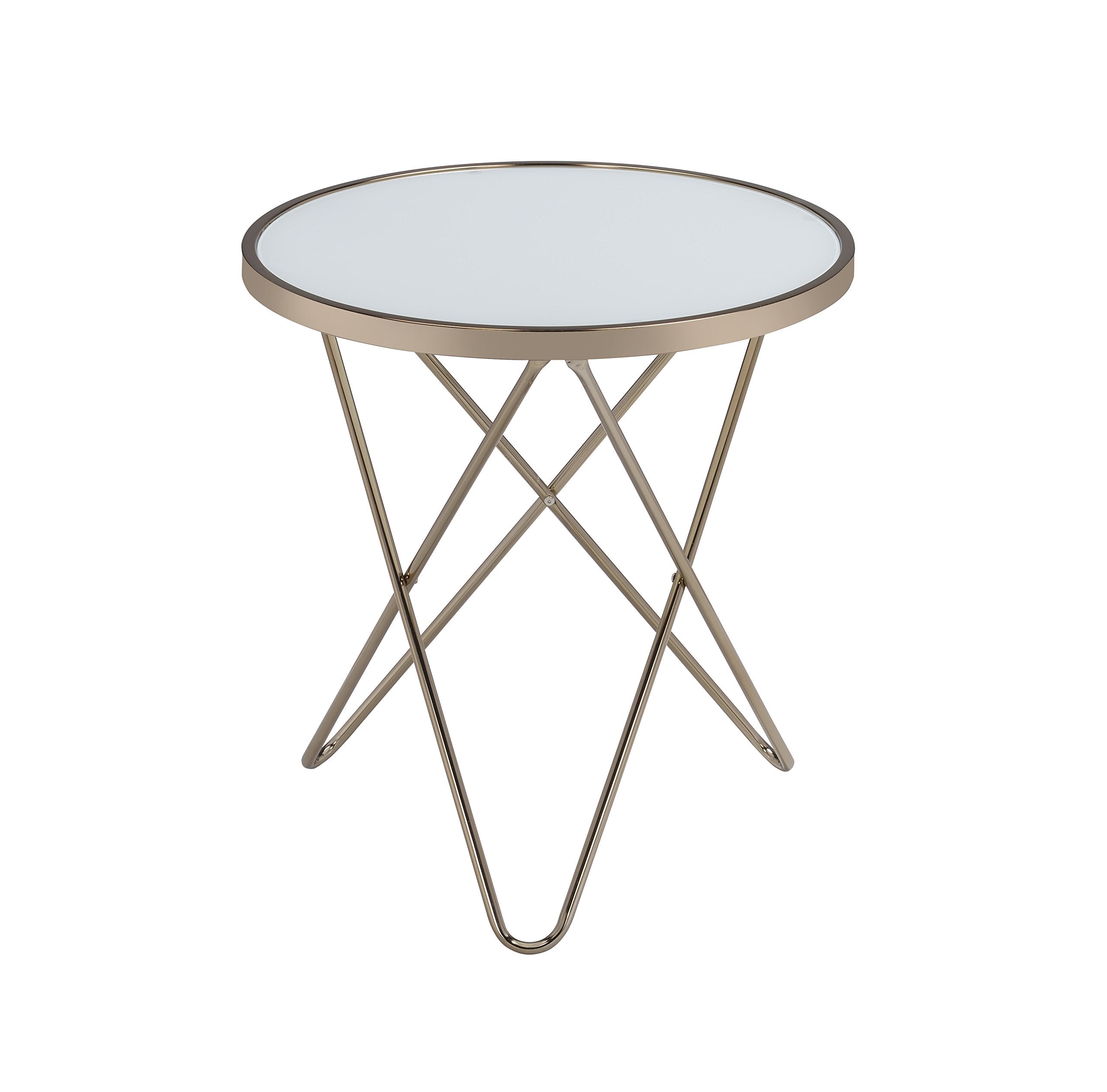 Acme Valora Round Glass Top End Table In White Glass And Gold