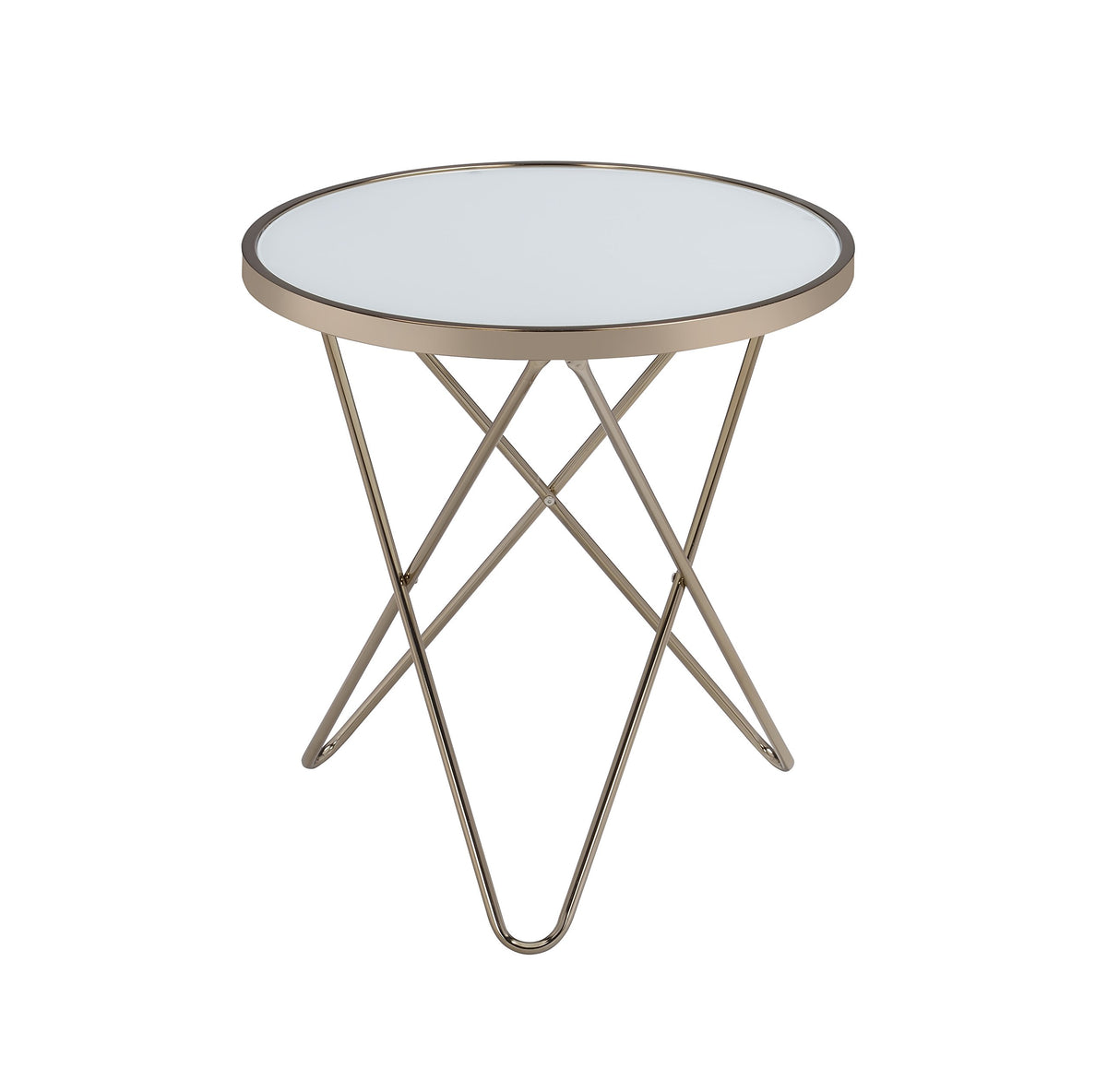 Acme Valora Round Glass Top End Table In White Glass And Gold