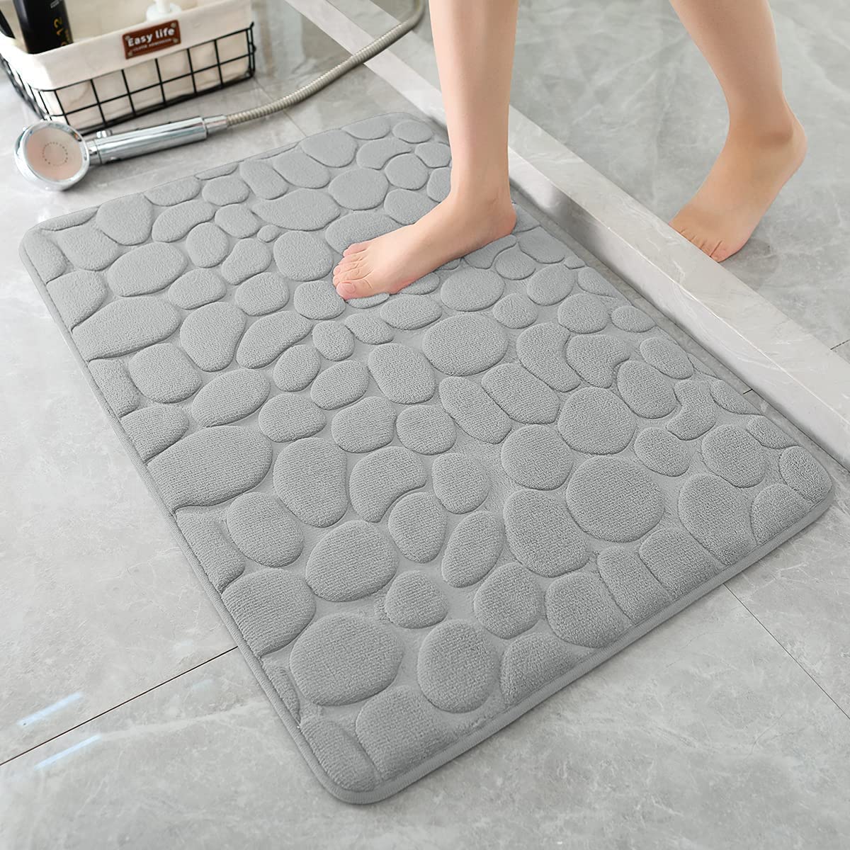 PORMONO Memory Rubber Bath Mat  Super Absorbent Cobblestone Bathroom Rug  Machine Washable Bath Mat