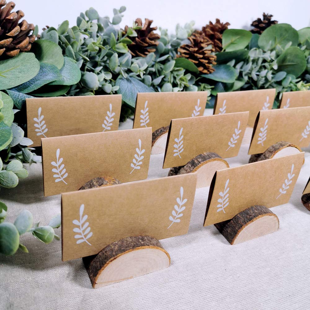 30 Pcs Rustic Wood Wedding Place Card Holders With 32 Pcs Kraft Tented Cards Half-Round Table Numbers Holder Stand Wooden Memo H
