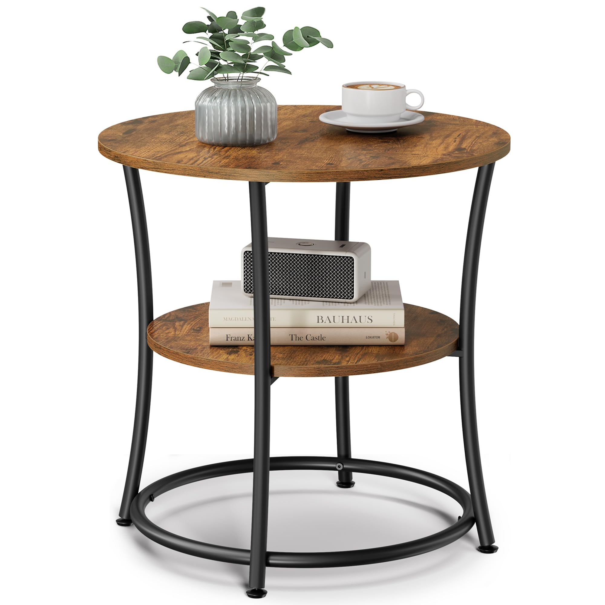 Vasagle Side Table, Round End Table With 2 Storage Shelves For Living Room, Bedroom, Nightstand With Steel Frame For Small Spaces, Accent Coffee Table, Rustic Brown And Ink Black