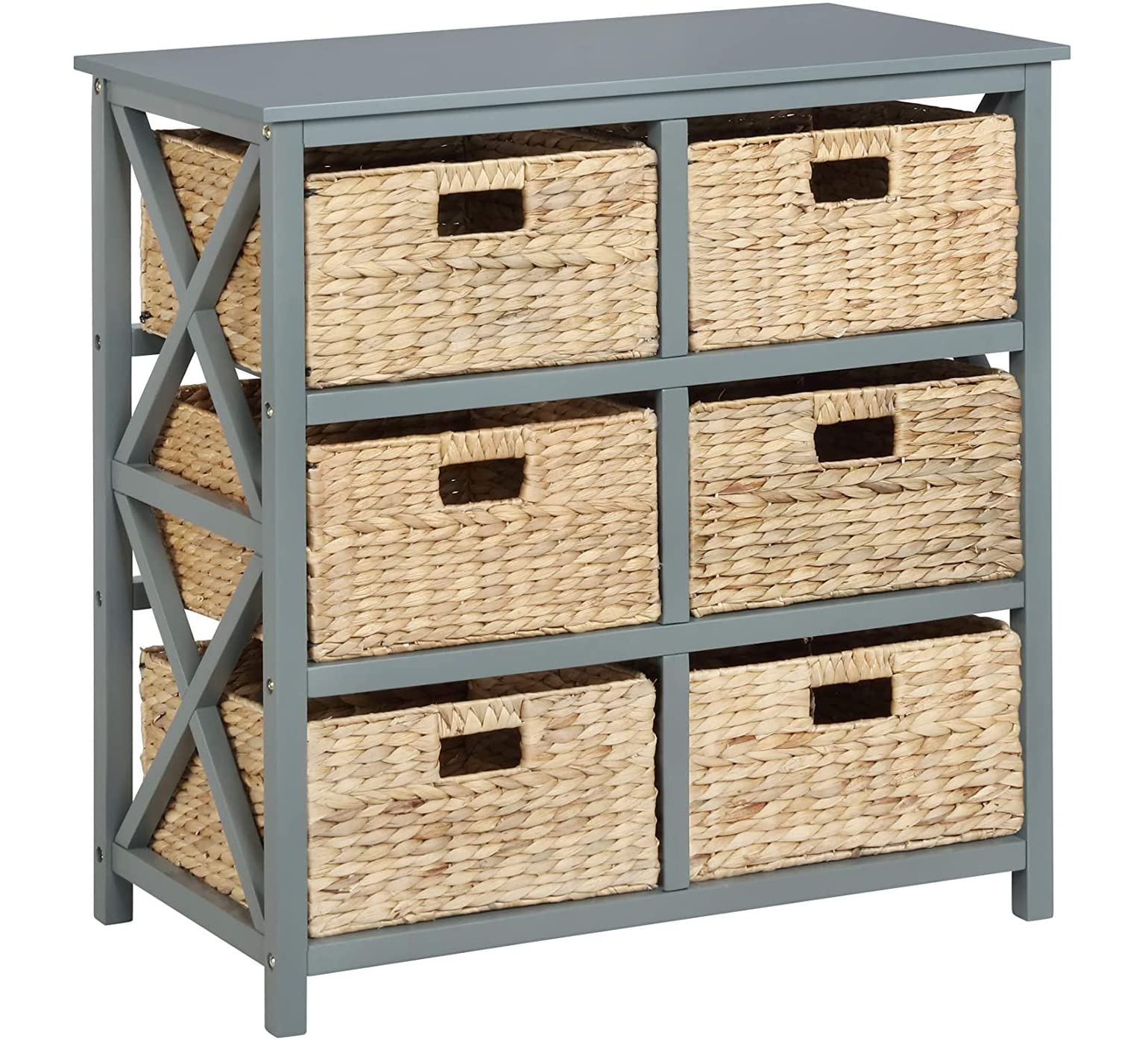 Ehemco 3 Tier X-Side End Storage Cabinet With 6 Wicker Baskets, Gray
