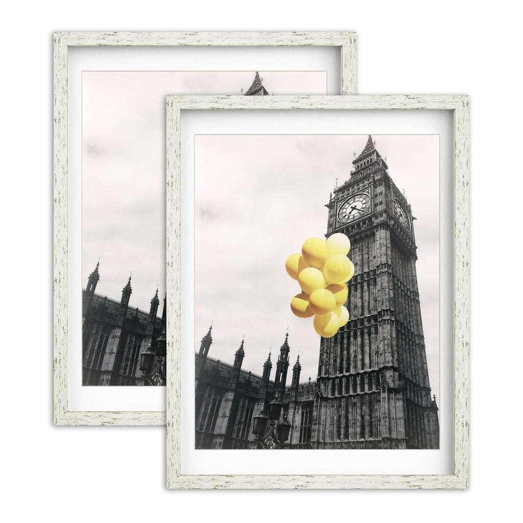 BSRHOME 12X16 Photo Frames Set of 2, Rustic White picture frame Display Pictures 11x14 with Mat or 12x16 Without Mat for Tableto