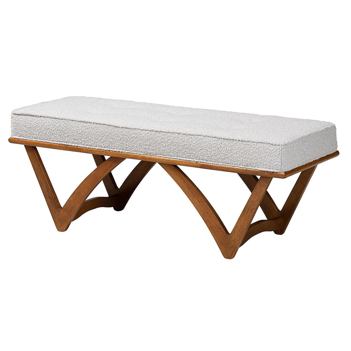 Baxton Studio Chenoa Japandi Light Grey Boucle Fabric and Walnut Brown Finished Wood Bench