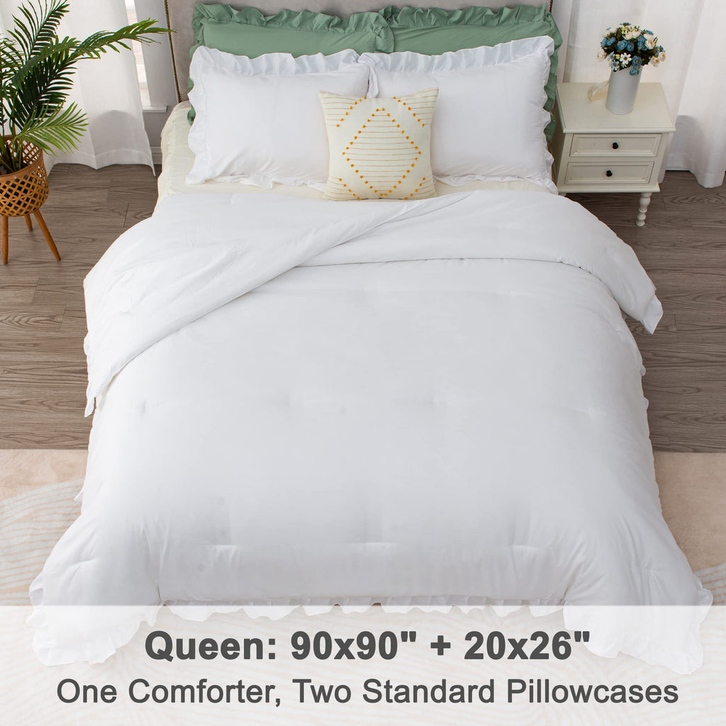 Litanika White Queen Comforter Set – 3-Piece Ruffle Shabby Chic Bedding