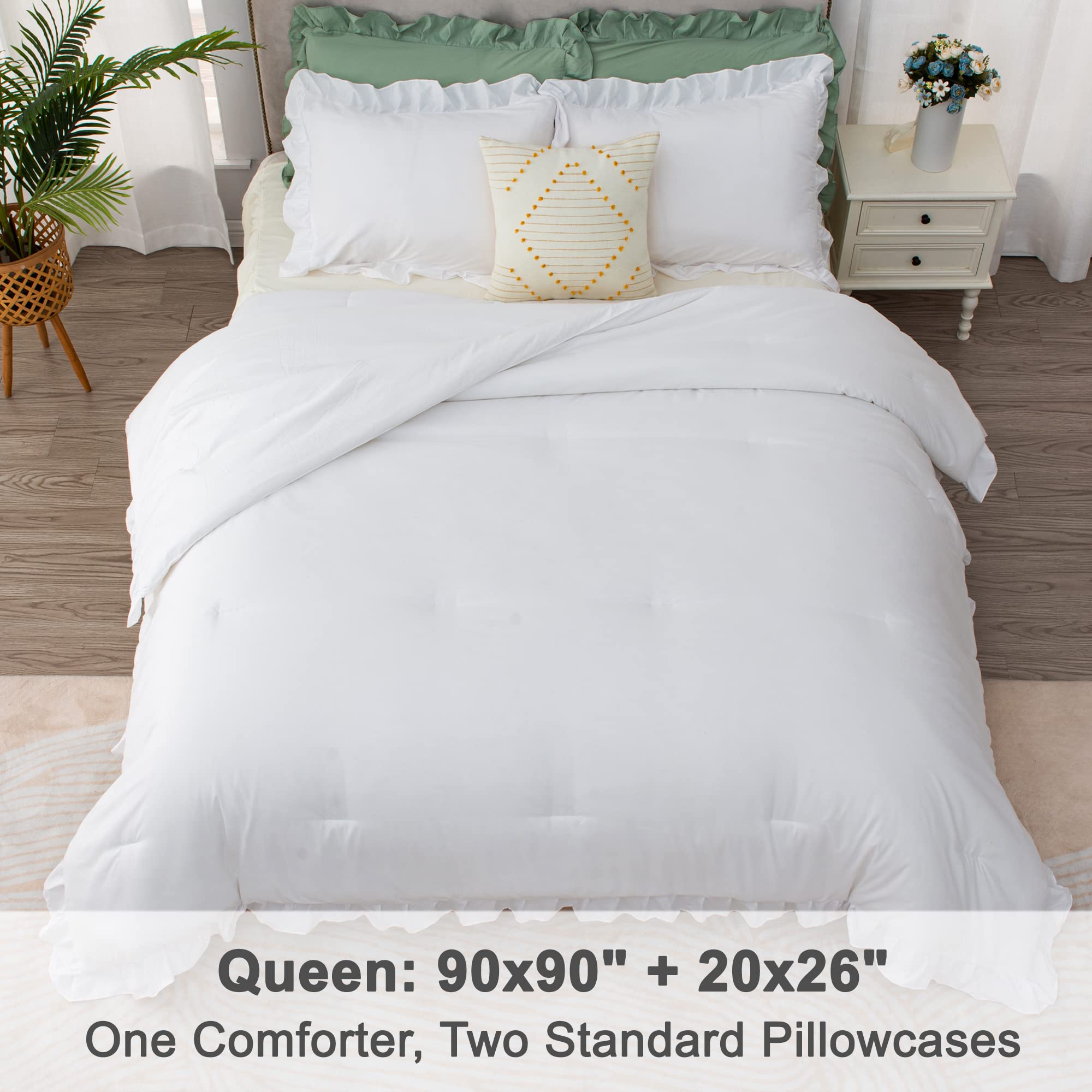Litanika White Queen Comforter Set – 3-Piece Ruffle Shabby Chic Bedding