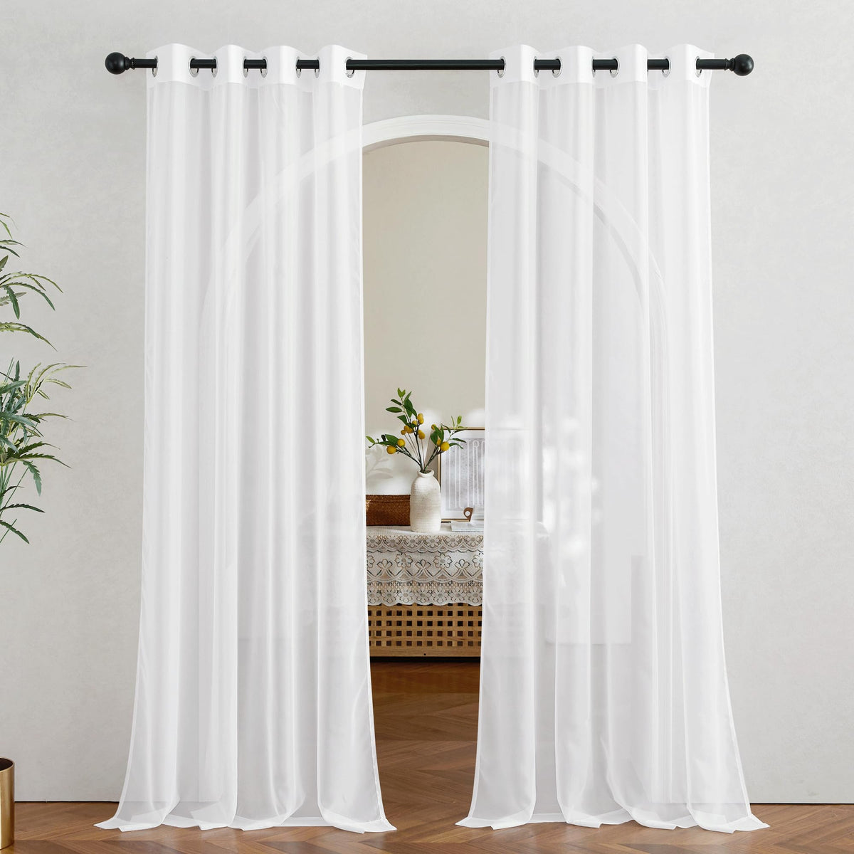 Nicetown Sheer Window Curtain Panels - Ivory Eyelet Top Solid Voile For Kitchen/Hotel, 2 Pieces, 54 Wide X 84-Inch Length