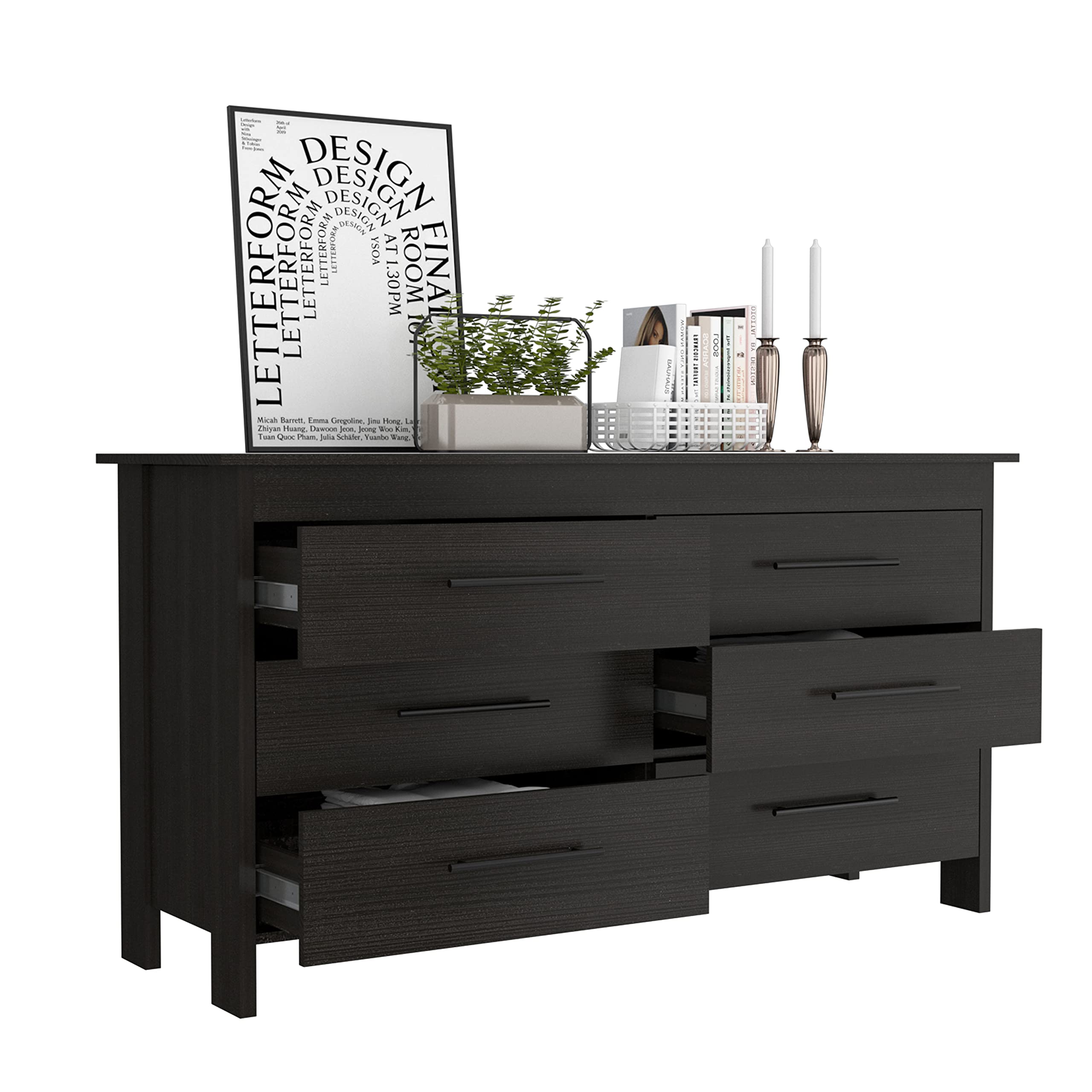 Paris 6 Drawer Double Dresser - Black