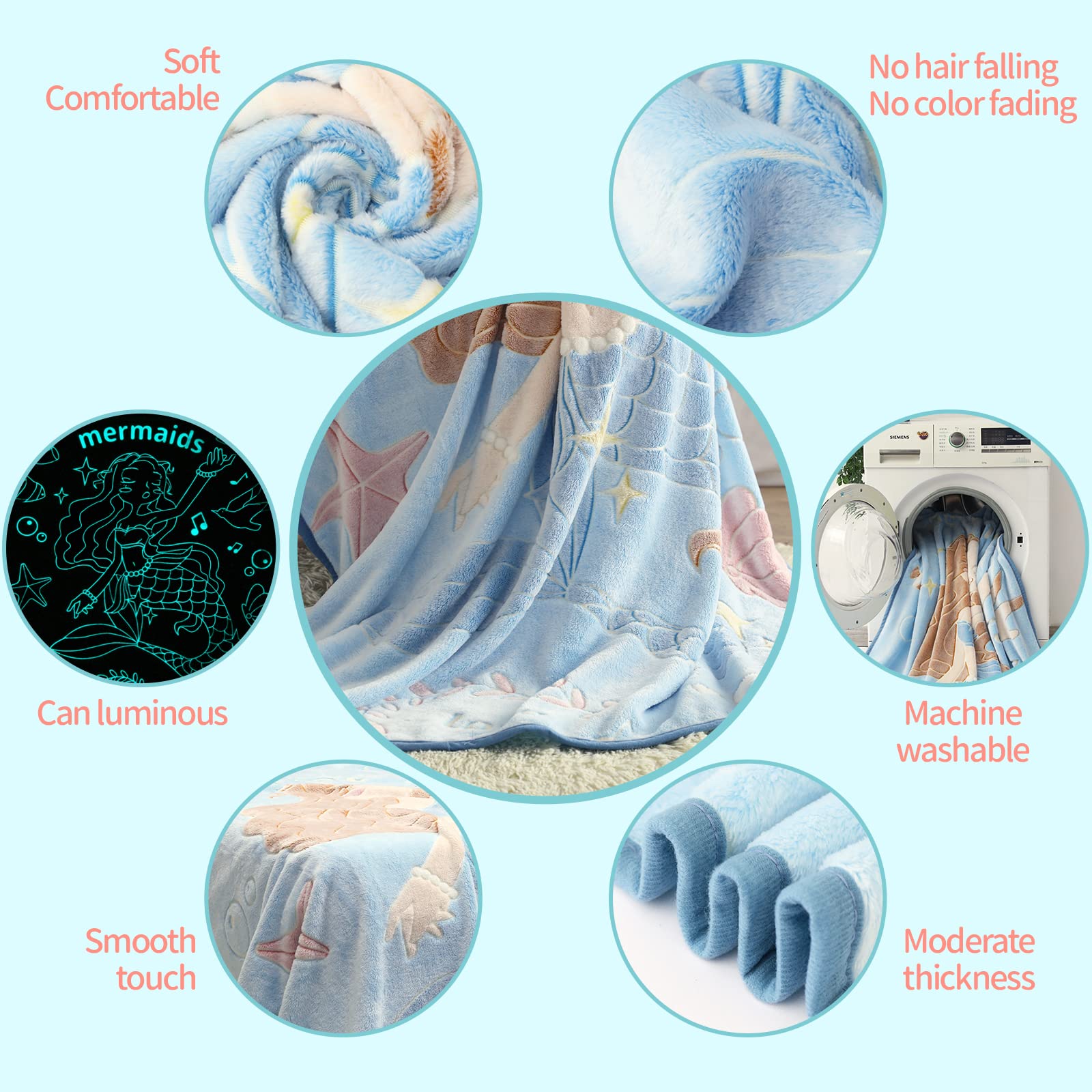 Glow In The Dark Mermaid Blanket Throw Gifts For Girls Kid Blankets Super Soft 3 4 5 6 7 8 9 10 Year Old Girl Gift Ideas Girls T