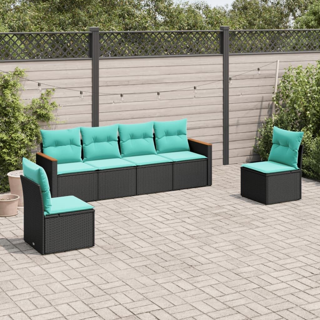 vidaXL Patio Sofa Set with Cushions - 6 Piece Black Poly Rattan Garden Furniture for Outdoor Use - Modular Design with Storage, Powder-Coated Steel Frame, UV-Resistant, Removable Washable Covers, ...
