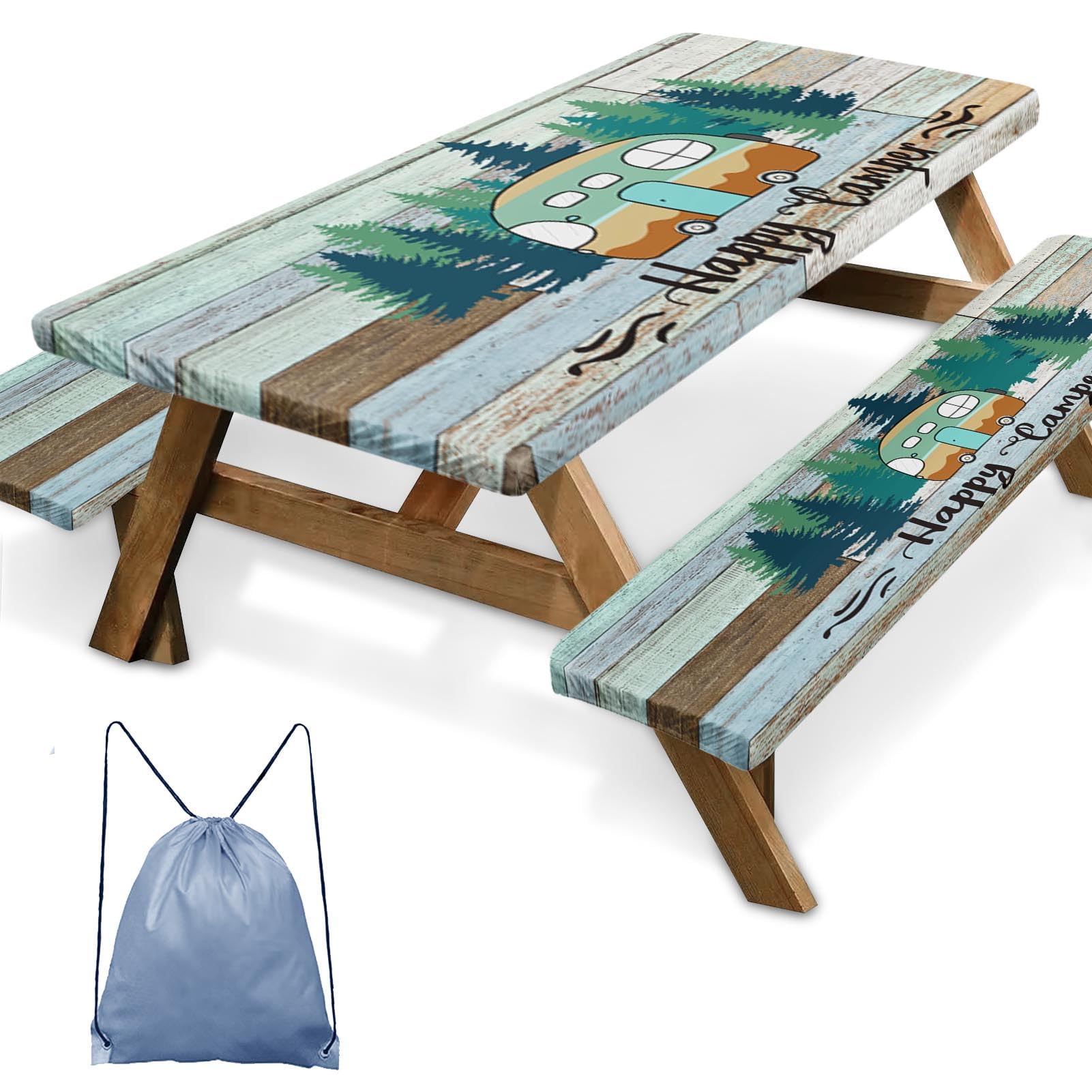 Britown Picnic Table Cover with Bench Covers Elastic Edges, Vintage Camper Fitted Table Cover, Outdoor Patio Camping Essentials 