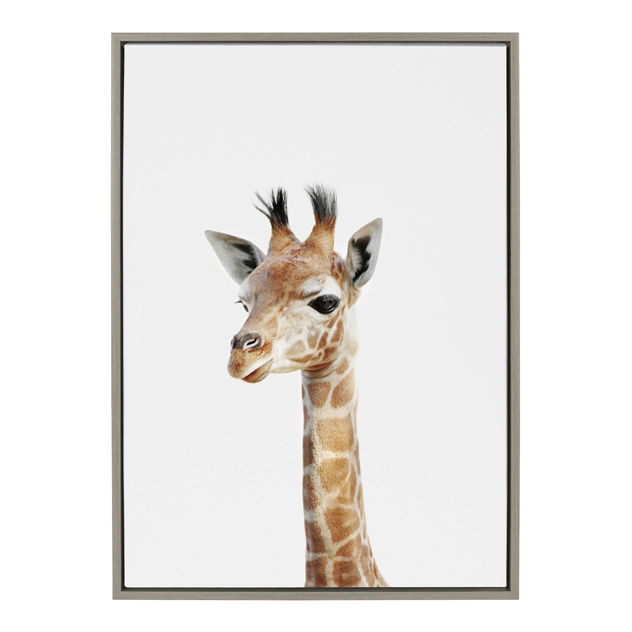Kate and Laurel Sylvie Baby Giraffe Animal Print Portrait Framed Canvas Wall Art by Amy Peterson, 23x33 Gray