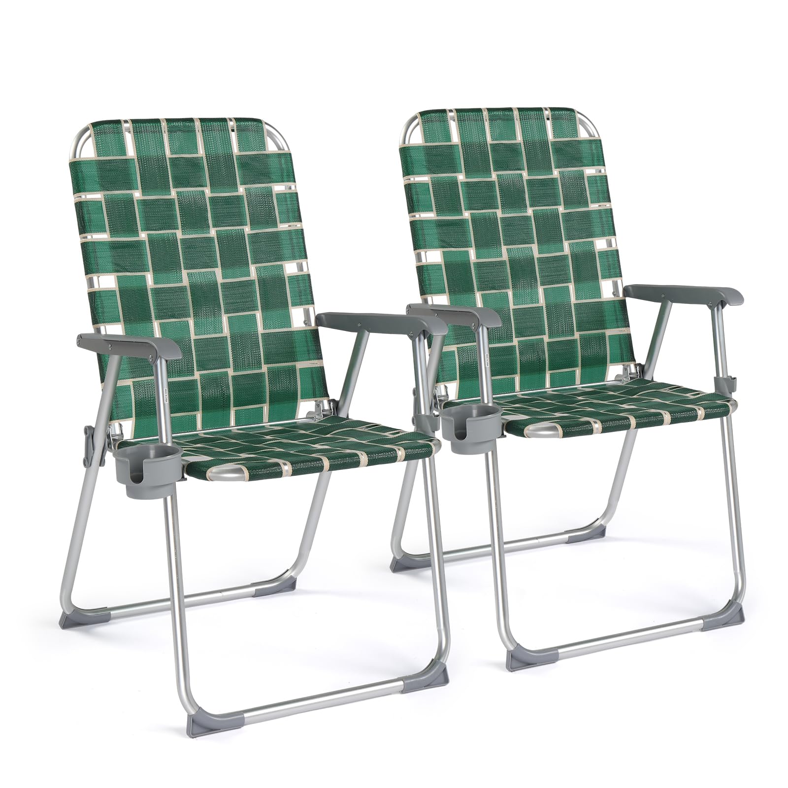 VINGLI Folding Aluminum Webbed Lawn Chairs with Detachable Cup Holder, High Beach Chair for Adults Heavy Duty, Portable Patio Ch
