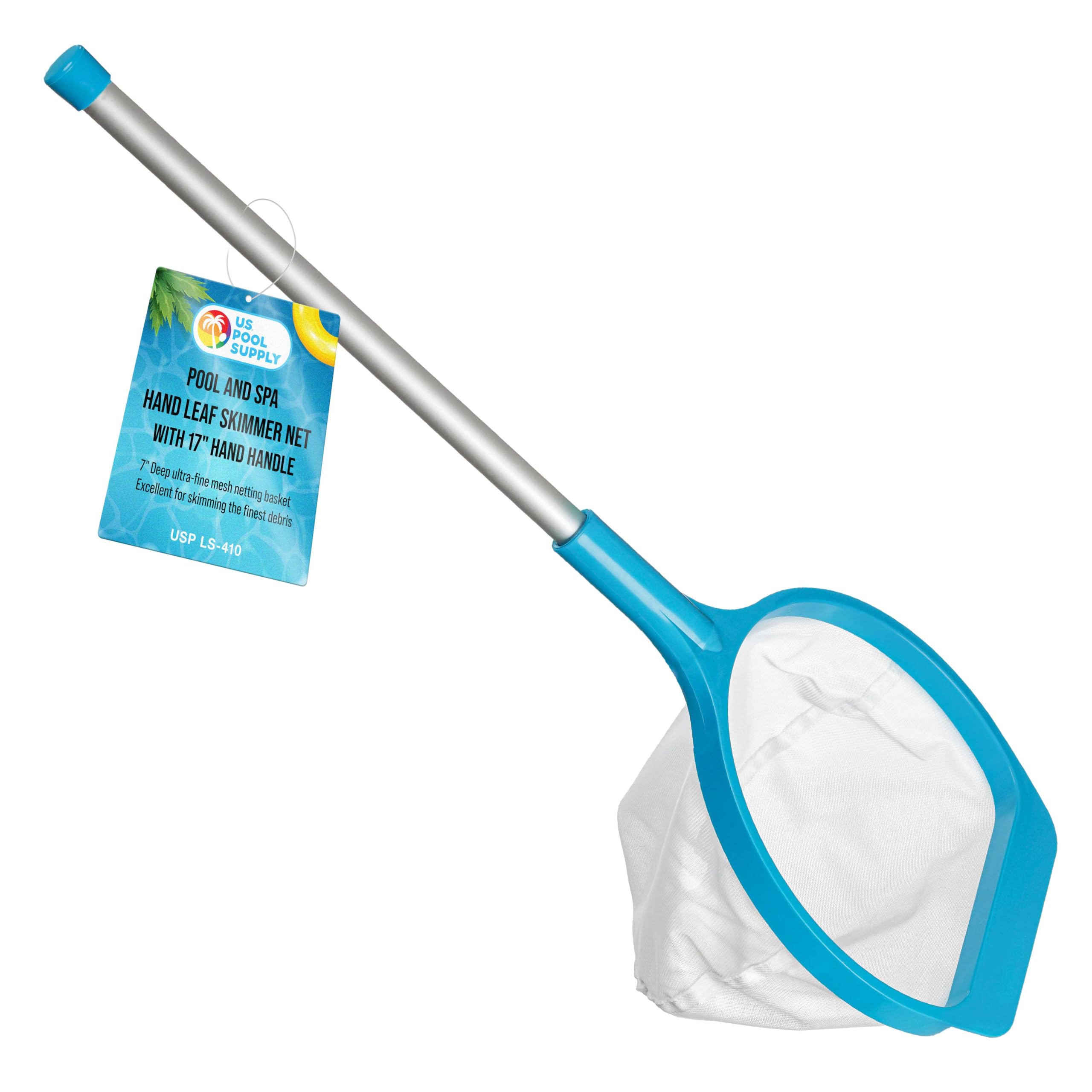 U.S. Pool Supply Pool Skimmer Net With Pole, Small Handheld Deep Ultra Fine Mesh Pool Skimmer Net - Hand Held Spa, Hot Tub, Pond