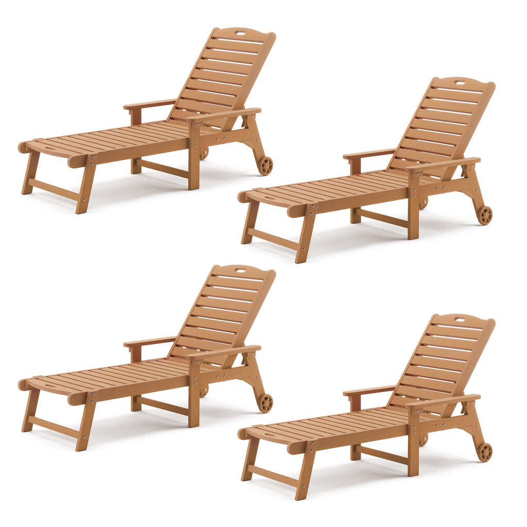 Lue Bona Outdoor Chaise Lounge Chairs Set Of 4, Hdps Material, 3-Year Warranty, Patio Lounge Chair With Adjustable Backrest, Resin Pool Lounge Chairs With Wheels For Outside, Poolside, Teak Color