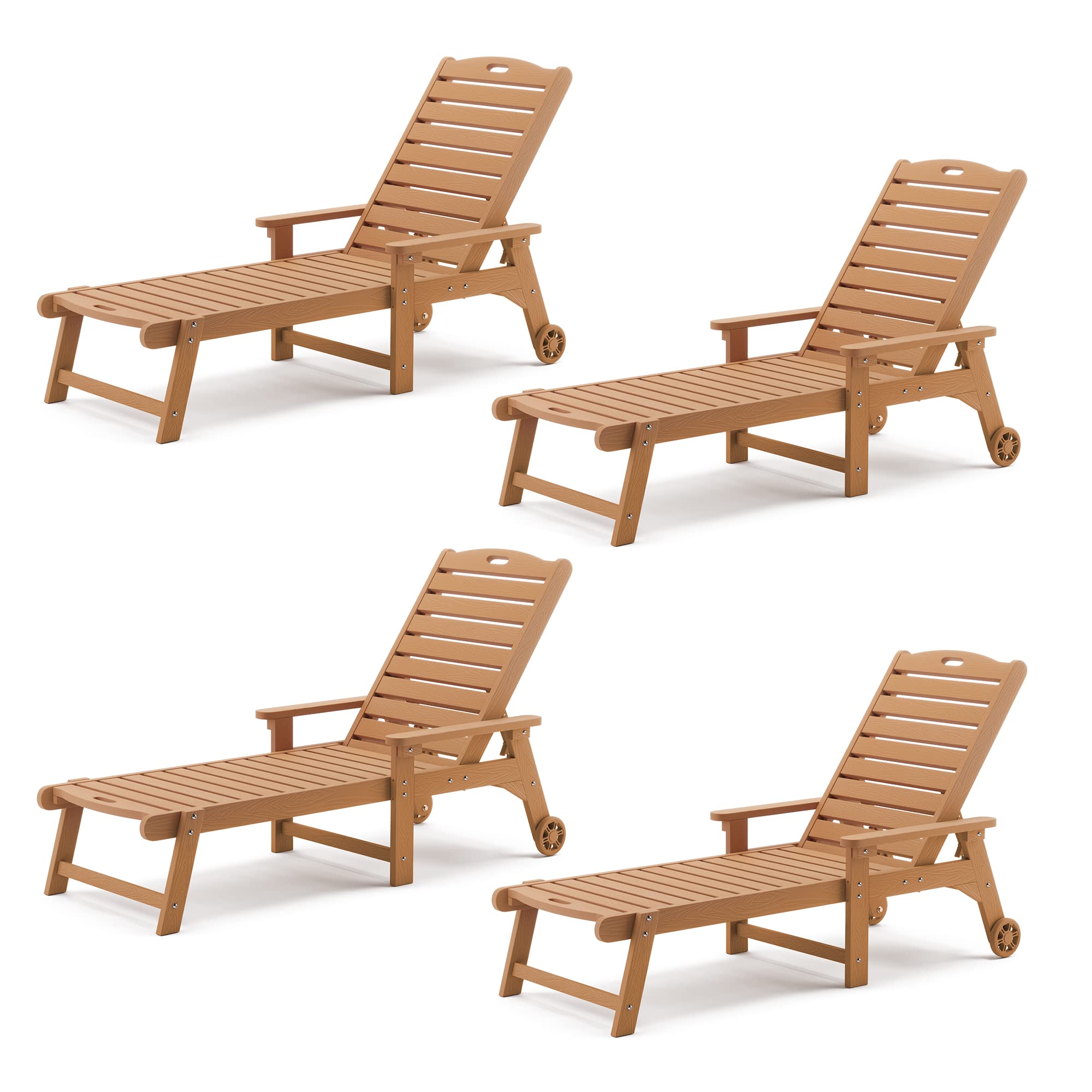 Lue Bona Outdoor Chaise Lounge Chairs Set Of 4, Hdps Material, 3-Year Warranty, Patio Lounge Chair With Adjustable Backrest, Resin Pool Lounge Chairs With Wheels For Outside, Poolside, Teak Color