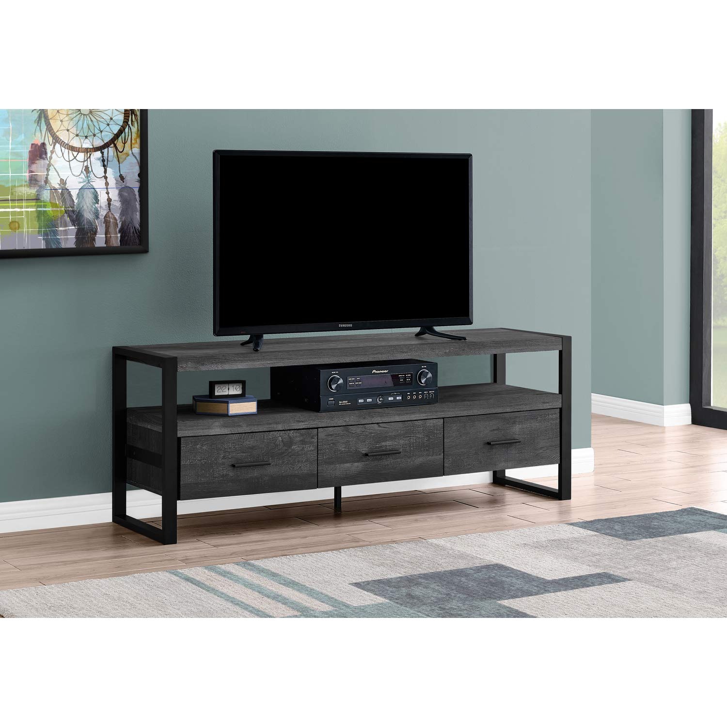Monarch Specialties Tv Stand-Console With 3 Drawers And Shelves-Industrial Modern Style Entertainment Center With Metal Legs, 60&quot; L, Black Reclaimed Wood Look
