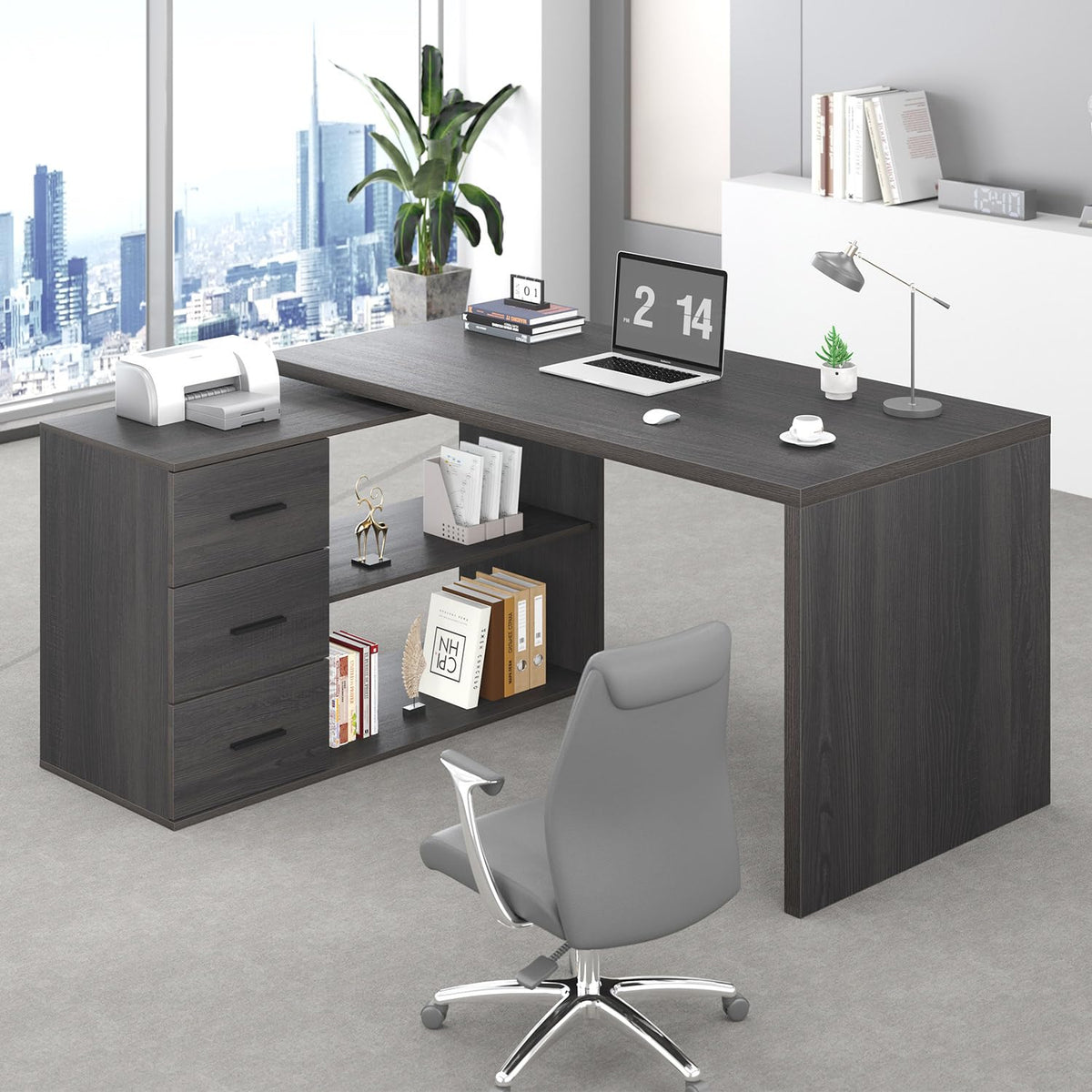Hsh L Shaped Desk With Storage Cabinet, Wood L Shape Desk With Drawers Shelf, Large Corner Computer Table In Home Office Bedroom, Industrial Pc Desk For Executive Writing Work Study, Rustic Oak, 55 In