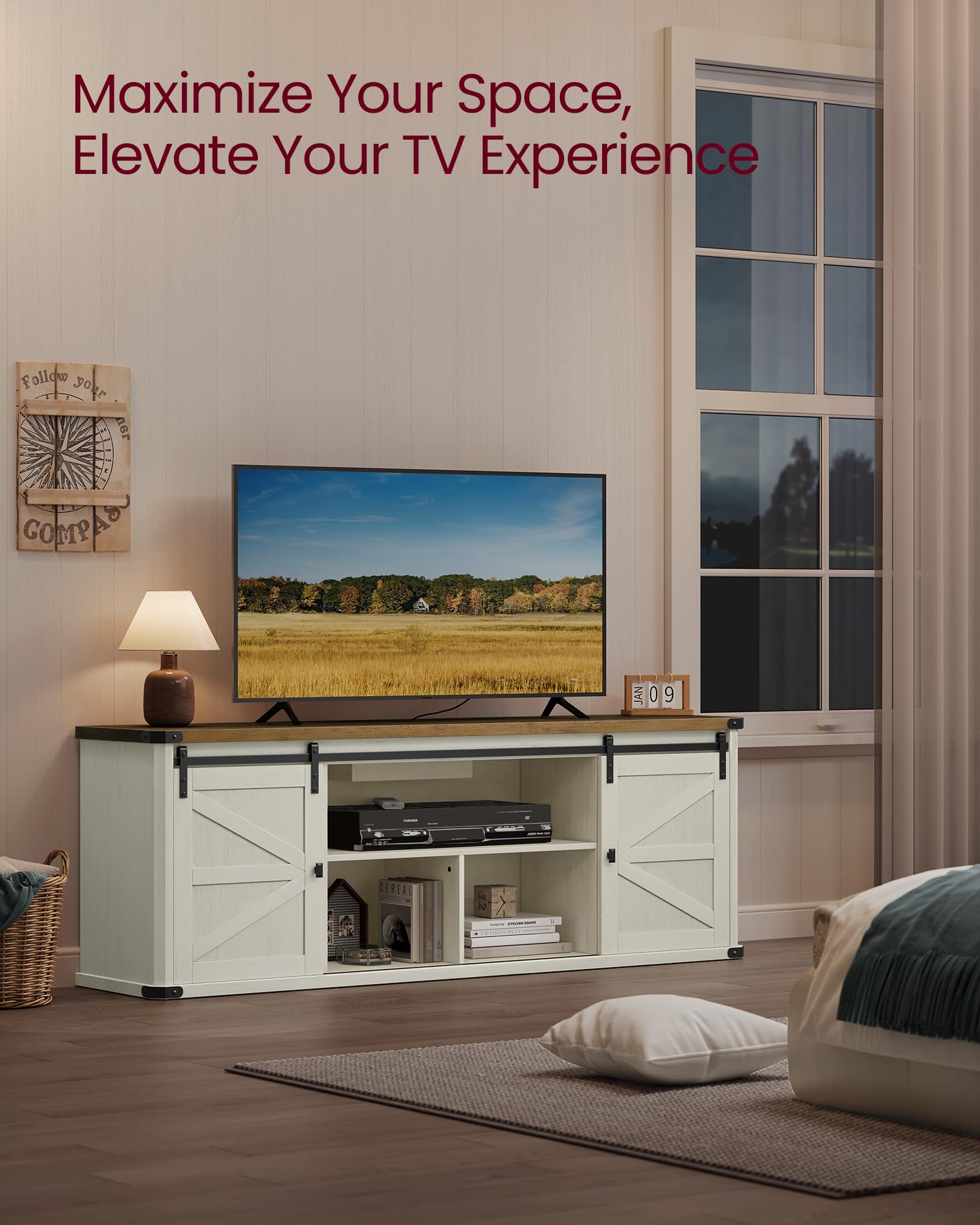 Vasagle Tv Stand For Tvs Up To 75 Inches, Farmhouse Entertainment Center With Sliding Barn Doors, Tv Console Table For Living Room, Rustic White And Honey Brown Ultv325W73