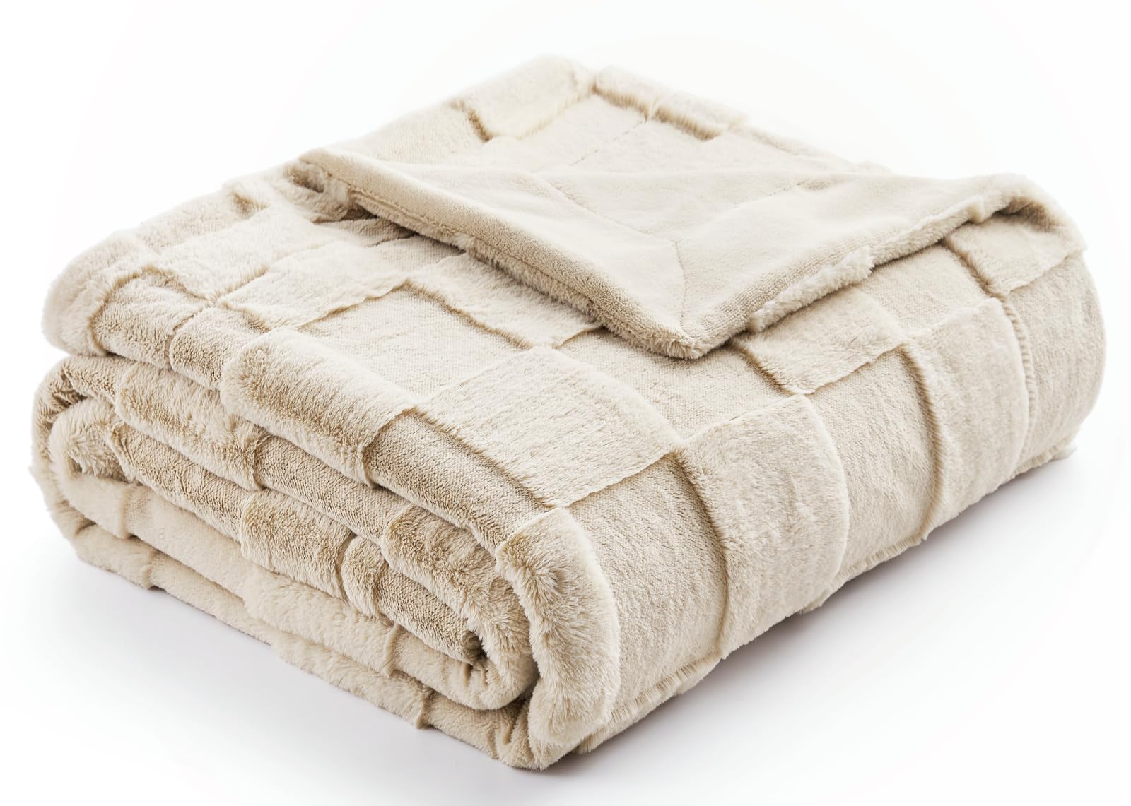 Cozy Bliss Tan Checkered Faux Rabbit Fur Throw Blanket, Lightweight Fleece Soft Fuzzy Fluffy Minky Furry Blankets For Couch, Bed