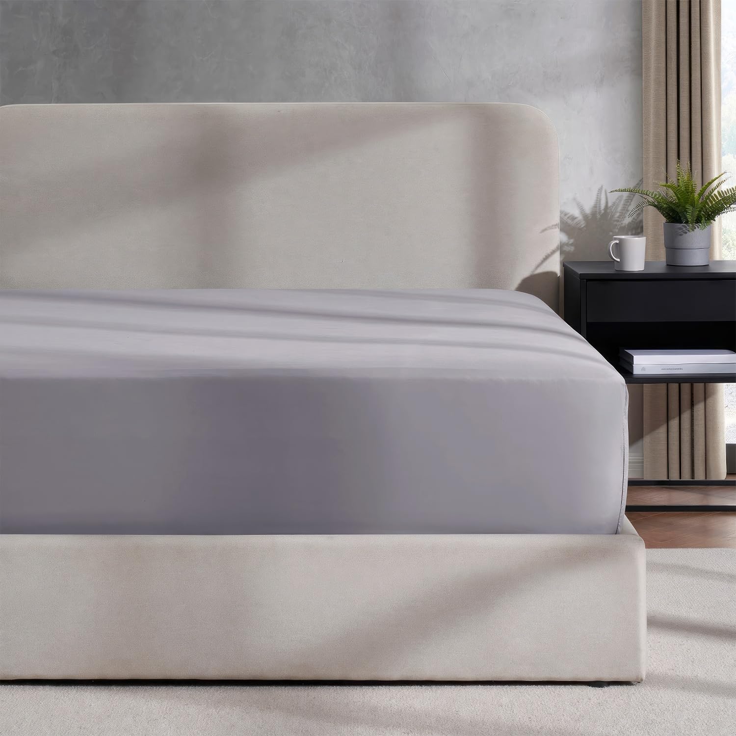 Nestl Grey Lavender Fitted Sheet Queen Size, Extra Deep Pocket Queen Fitted Sheet Only, 1800 Microfiber Fitted Bed Sheet, Soft F