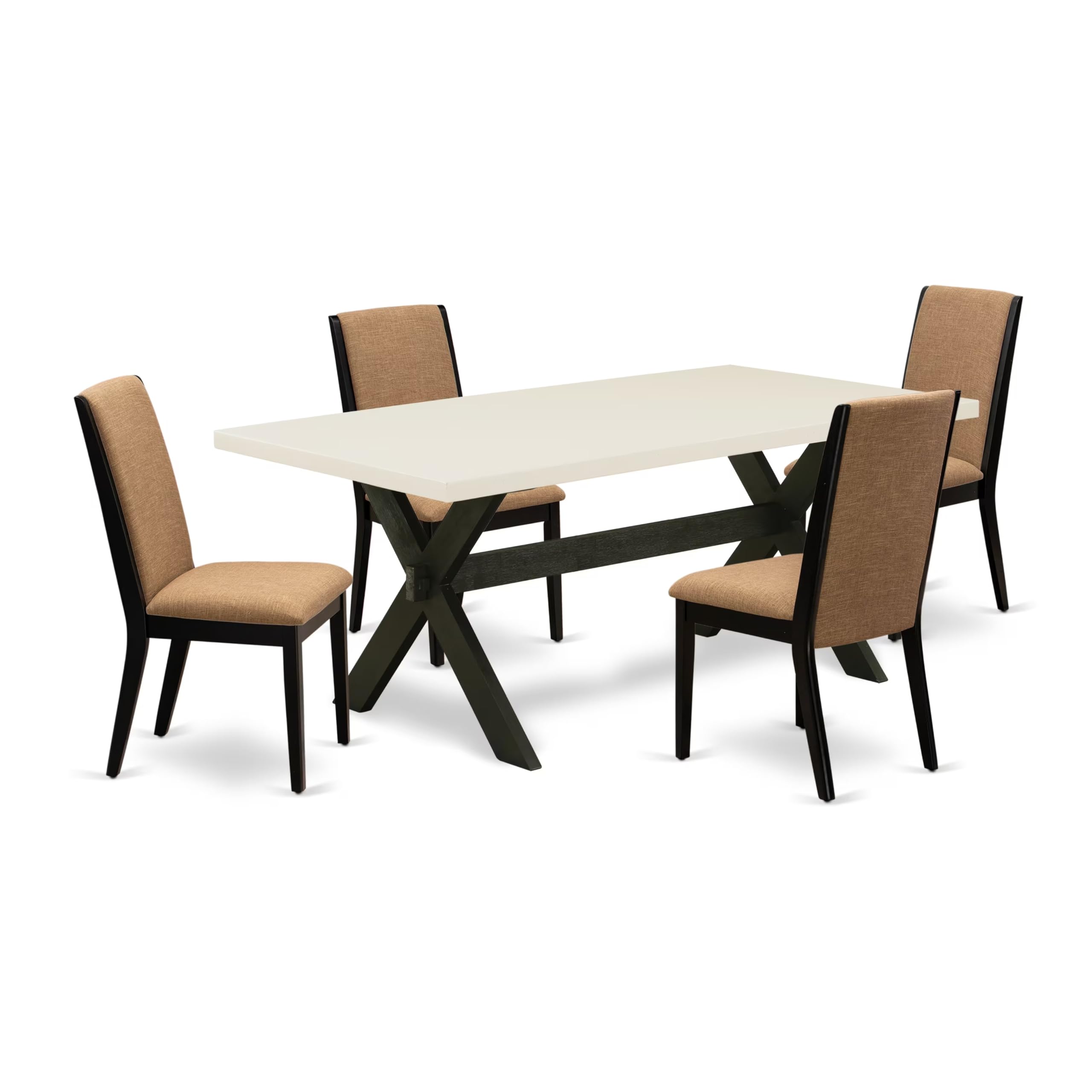 East West Furniture X627La147-5 5 Piece Dining Set Includes A Rectangle Dining Room Table With X-Legs And 4 Light Sable Linen Fabric Upholstered Parson Chairs, 40X72 Inch, Multi-Color