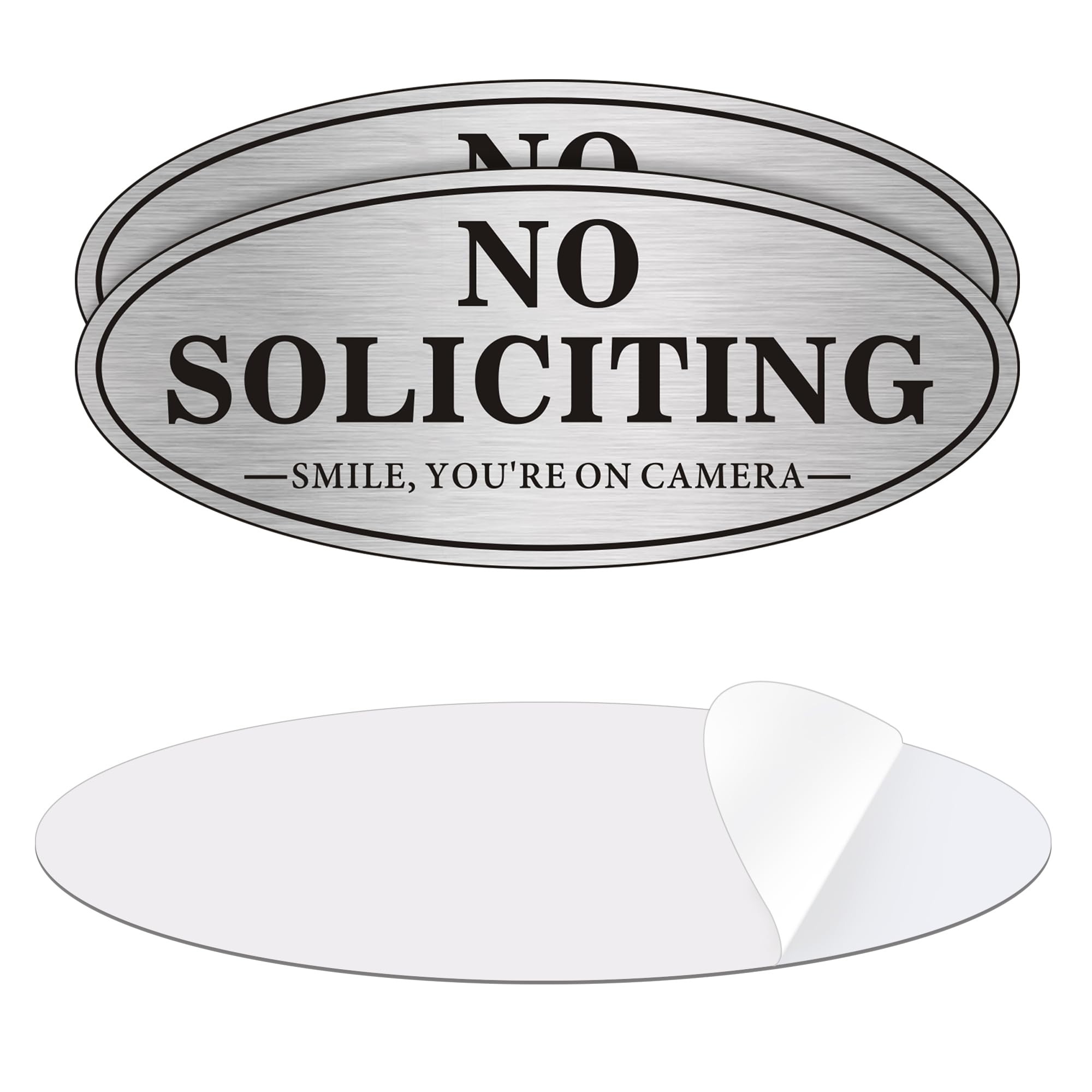 House Door No Soliciting Sign Metal, 2 Pack Silver Color 7.0 X 3.0 Inches, Self-Adhesive Modern Design Aluminum Signs For Office