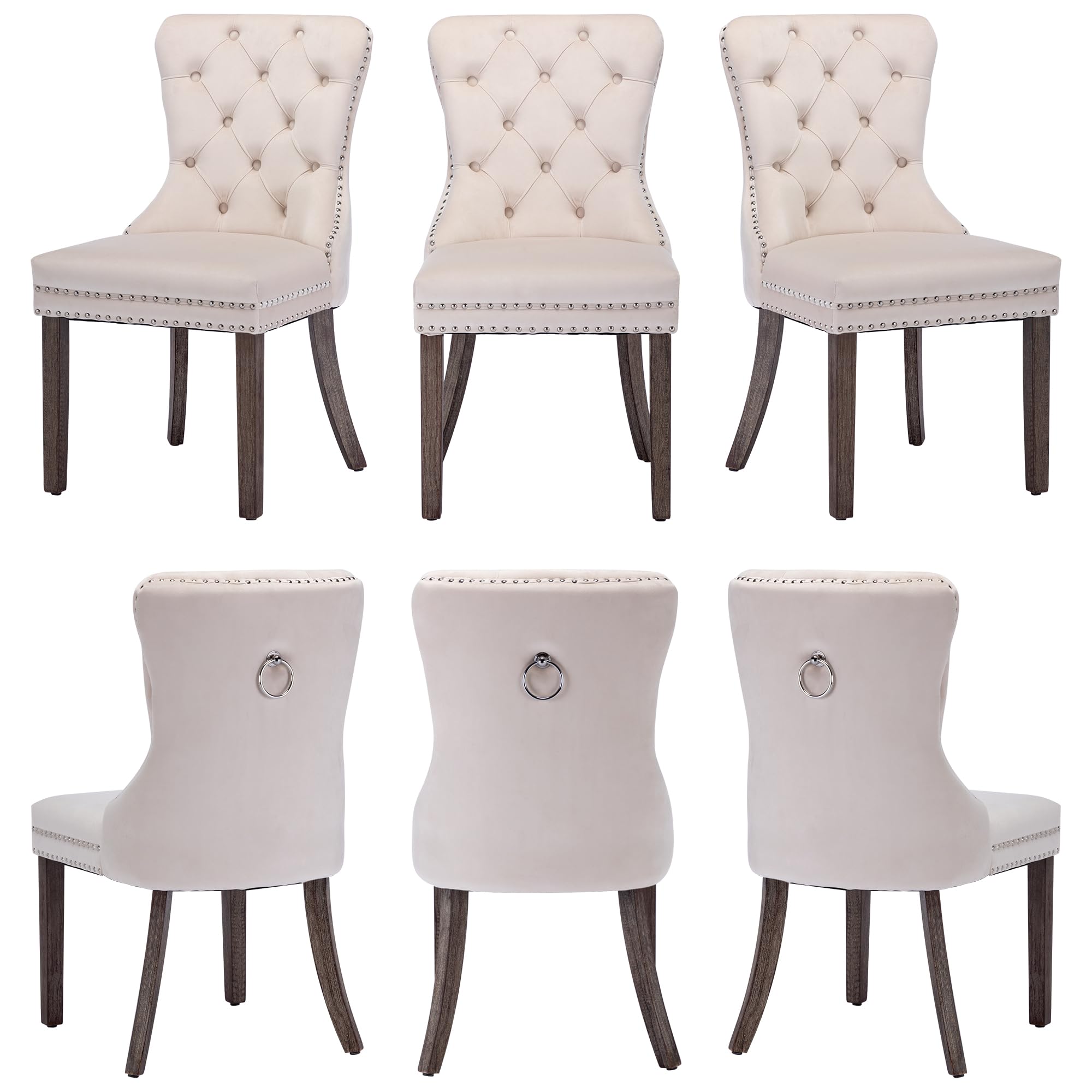 Goolon Dining Room Chairs Set Of 6, Velvet Button Tufted Dining Chairs With Rivet Trim Metal Pull Ring Wood Legs For Kitchen Din