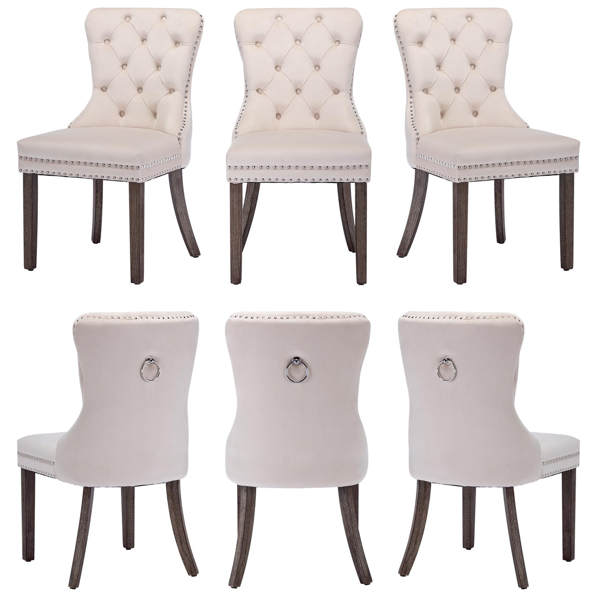 Goolon Dining Room Chairs Set Of 6, Velvet Button Tufted Dining Chairs With Rivet Trim Metal Pull Ring Wood Legs For Kitchen Din