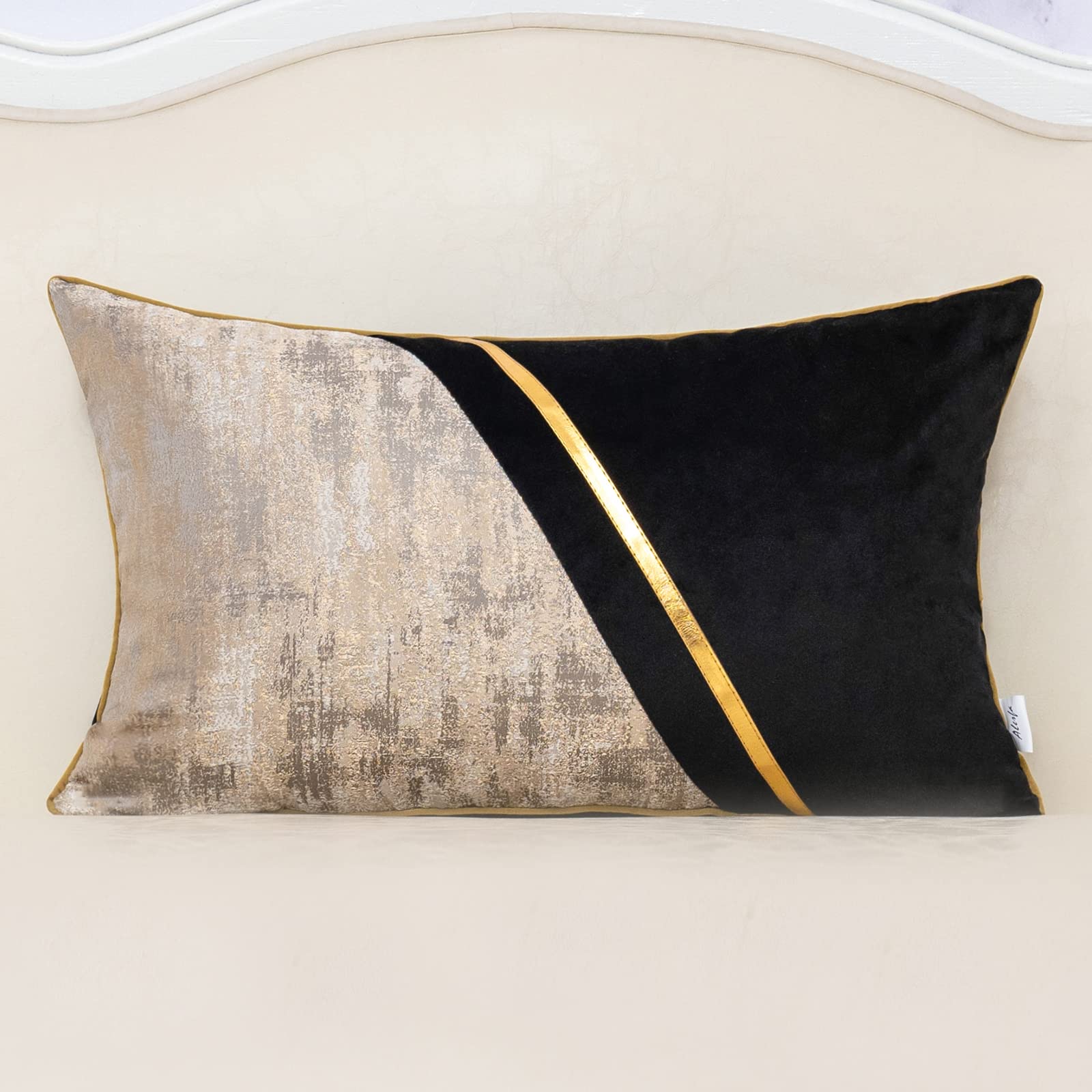 Alerfa 12 X 20 Inch Black Beige Gold Leather Patchwork Velvet & Polyester Cushion Case Luxury Modern Lumbar Throw Pillow Cover D