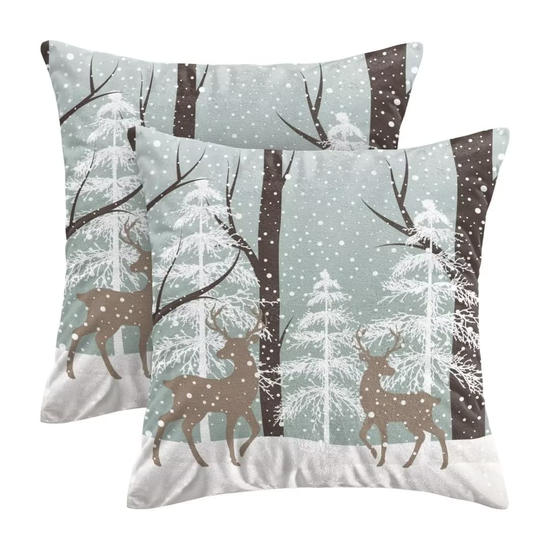 Aeioae Winter Deer Pillow Covers 20X20 Inch Set Of 2, Winter Landscape Snow Tree Throw Pillows Farmhouse Cotton Christmas Pillow