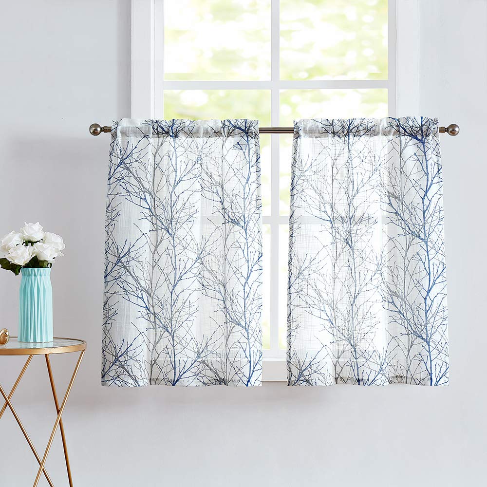 FMFUNCTEX Blue Kitchen Curtains 36    Grey Tree Print on White Tier Curtain Set for Small Windows Basement Room Bathroom, 2 Pane