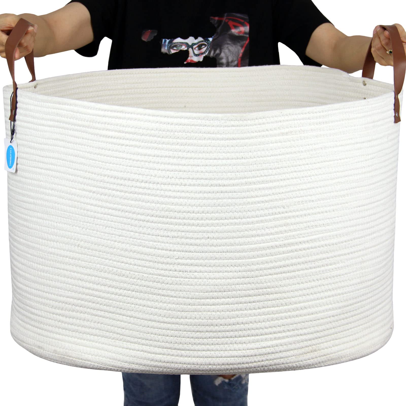Casaphoria Extra Large Woven Cotton Rope Storage Basket for Organizing Towels Blanket Laundry Baskets for Bathroom,White Tall La
