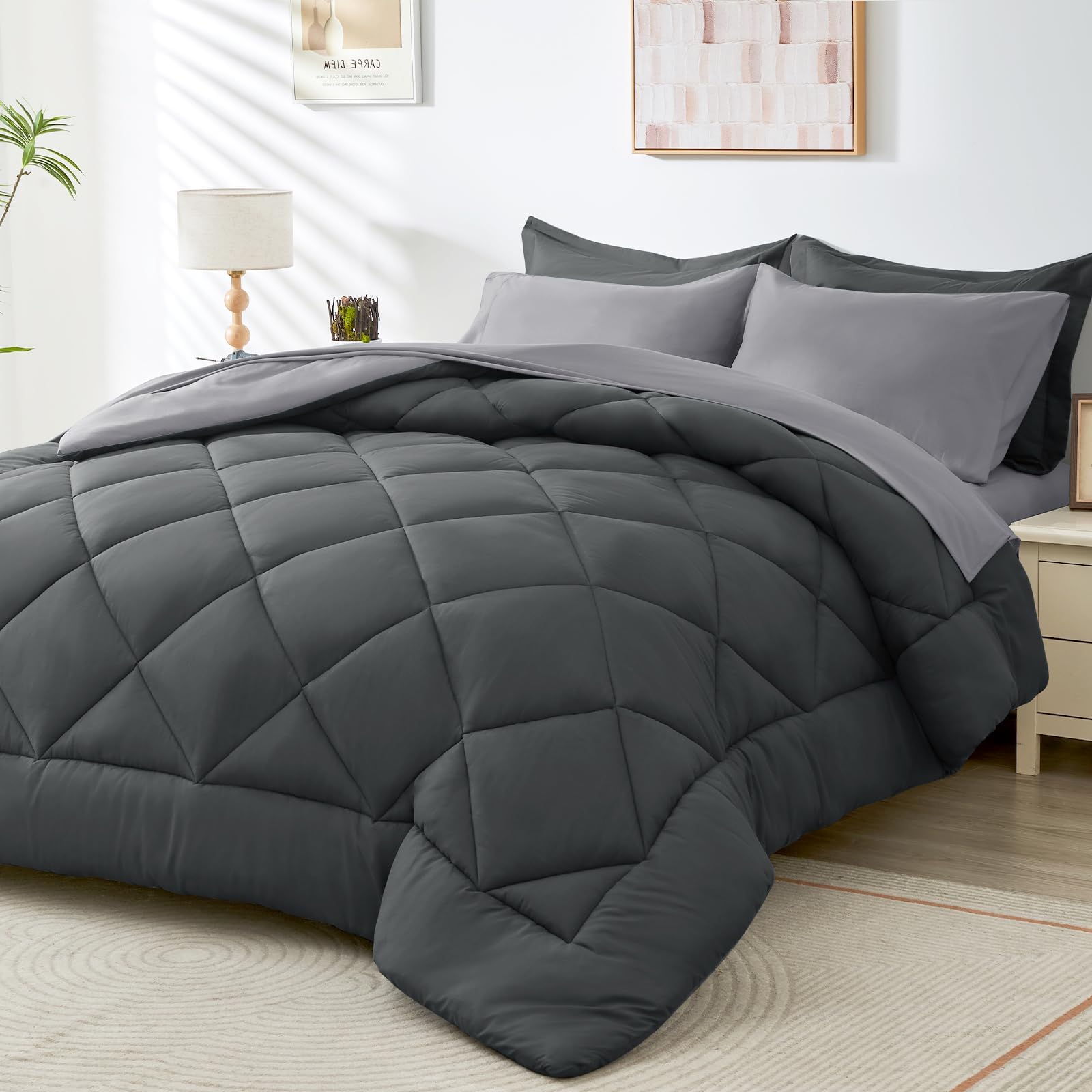 7 Pieces Full Comforter Set, All Season Reversible Bed In A Bag Full, Ultra Soft Full Bedding Set With Grey Comforter, Flat Shee