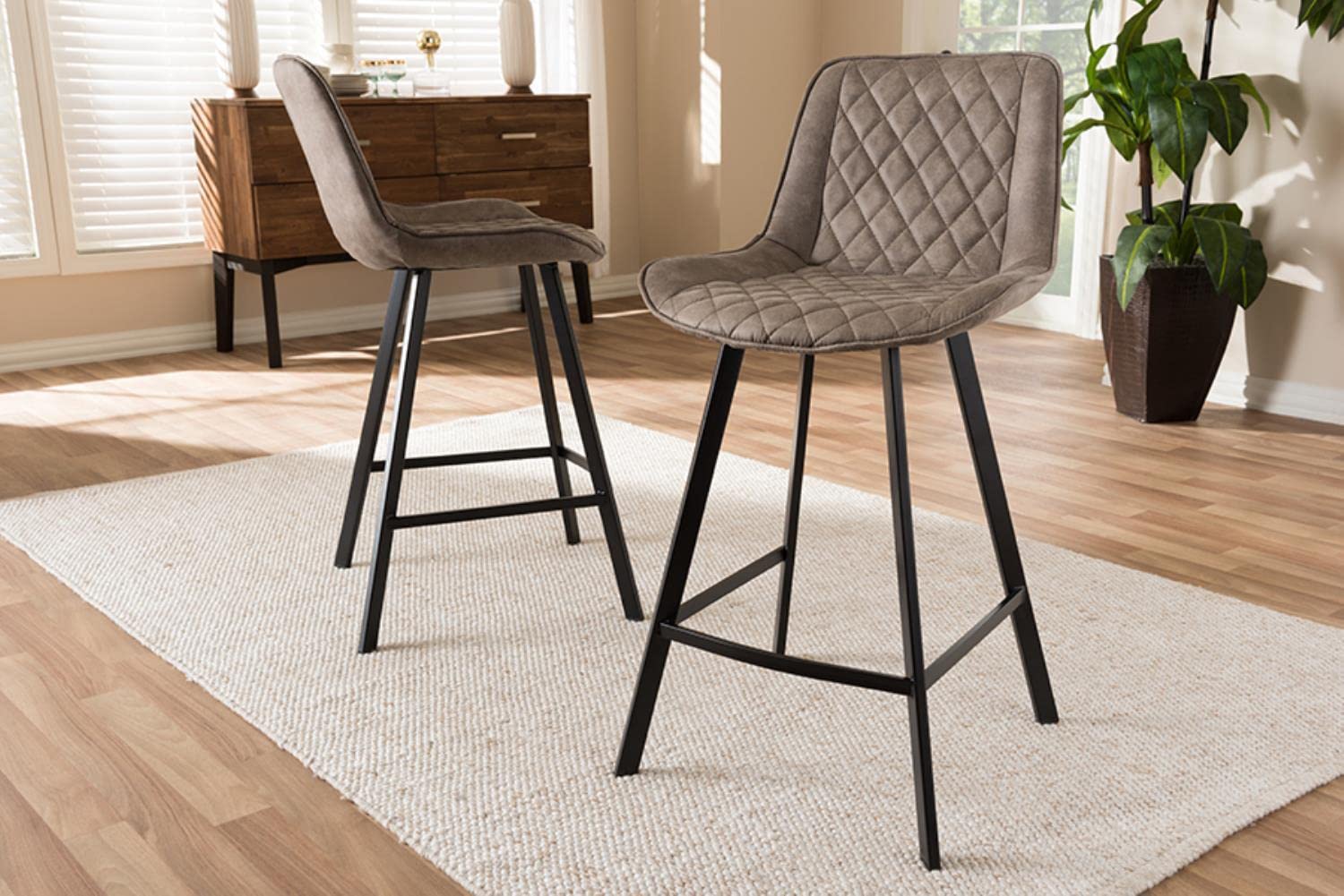 Baxton Studio Pickford Mid-Century Modern Light Brown Fabric Upholstered Counter Stool Set Brown/Qty 2/Black/Mid-Century/Fabric Polyester 100%'/Steel/Metal