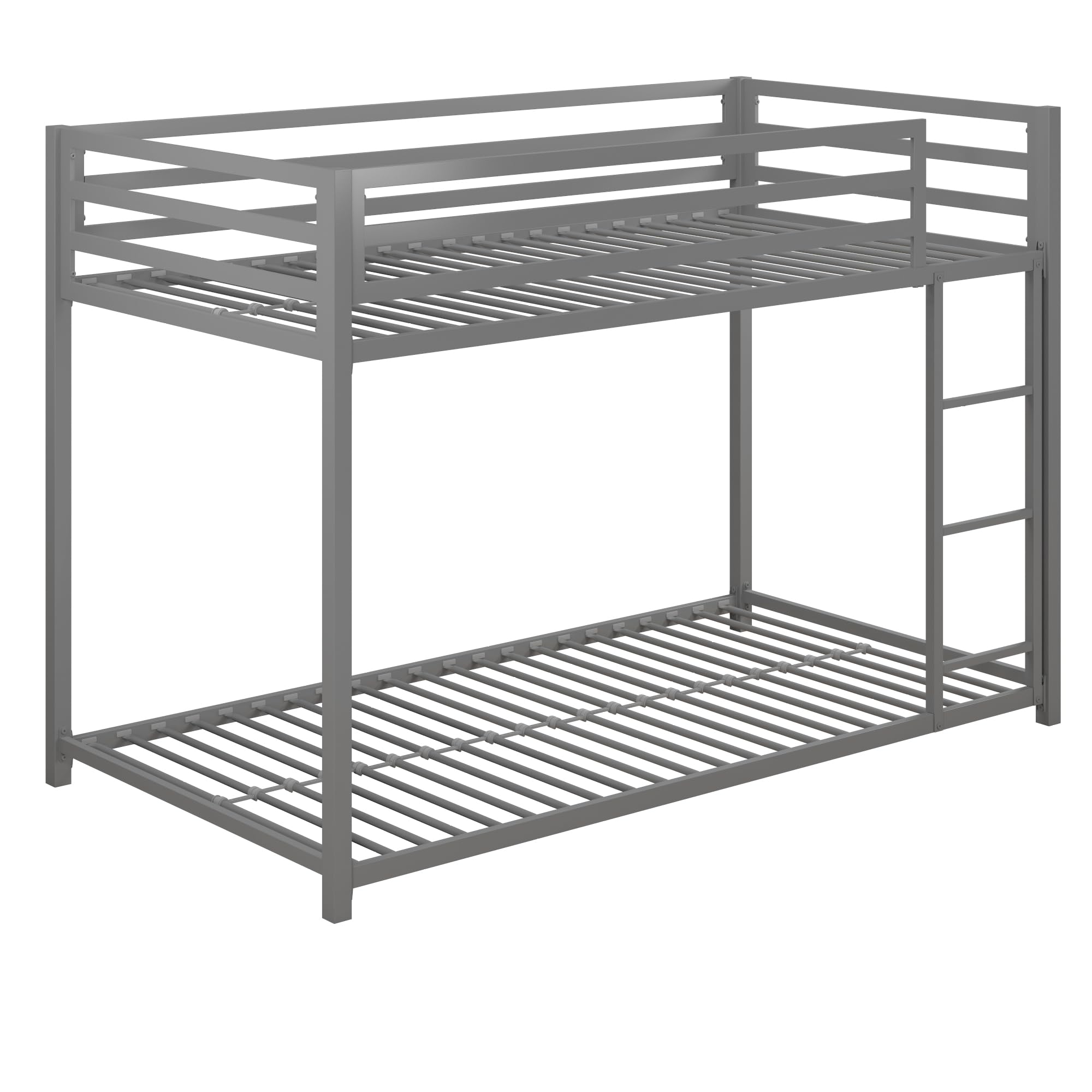 Dhp Miles Low Metal Bunk Bed Frame For Kids, With Built-In Ladder, High Guardrail And Metal Slats, Floor Bed Bottom Bunk, No Boxspring Required, For Small Spaces, Twin-Over-Twin, Silver