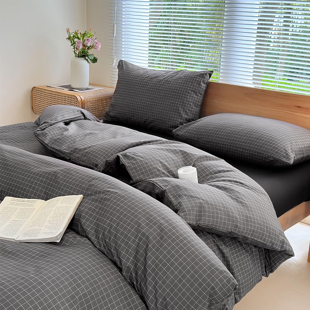 Nsnlgsgc Gray Plaid Duvet Cover Set Twin,Charcoal Grid Simple Geometric Square Pattern Comforter Cover,Soft Washed Microfiber Be