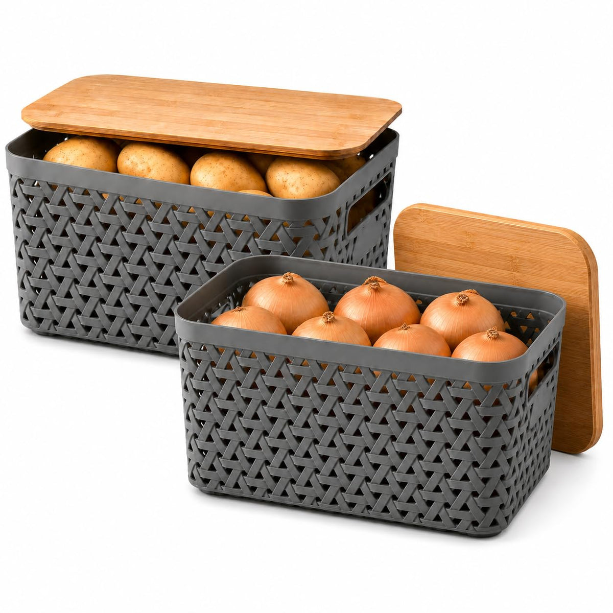 Yomjarl Potato Onion Storage Bins, 2 Pack Stackable with Bamboo Lids, Gray